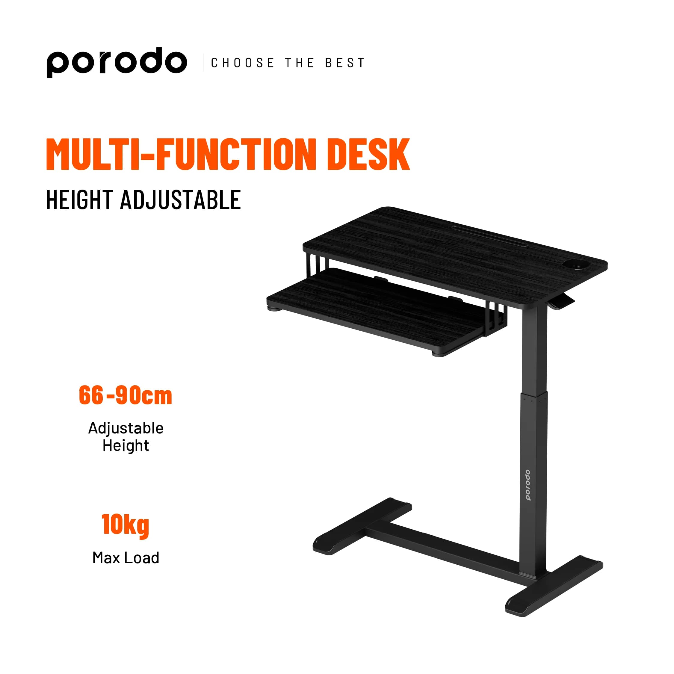 Porodo Height Adjustable Side Desk with Keyboard Tray - Black 2