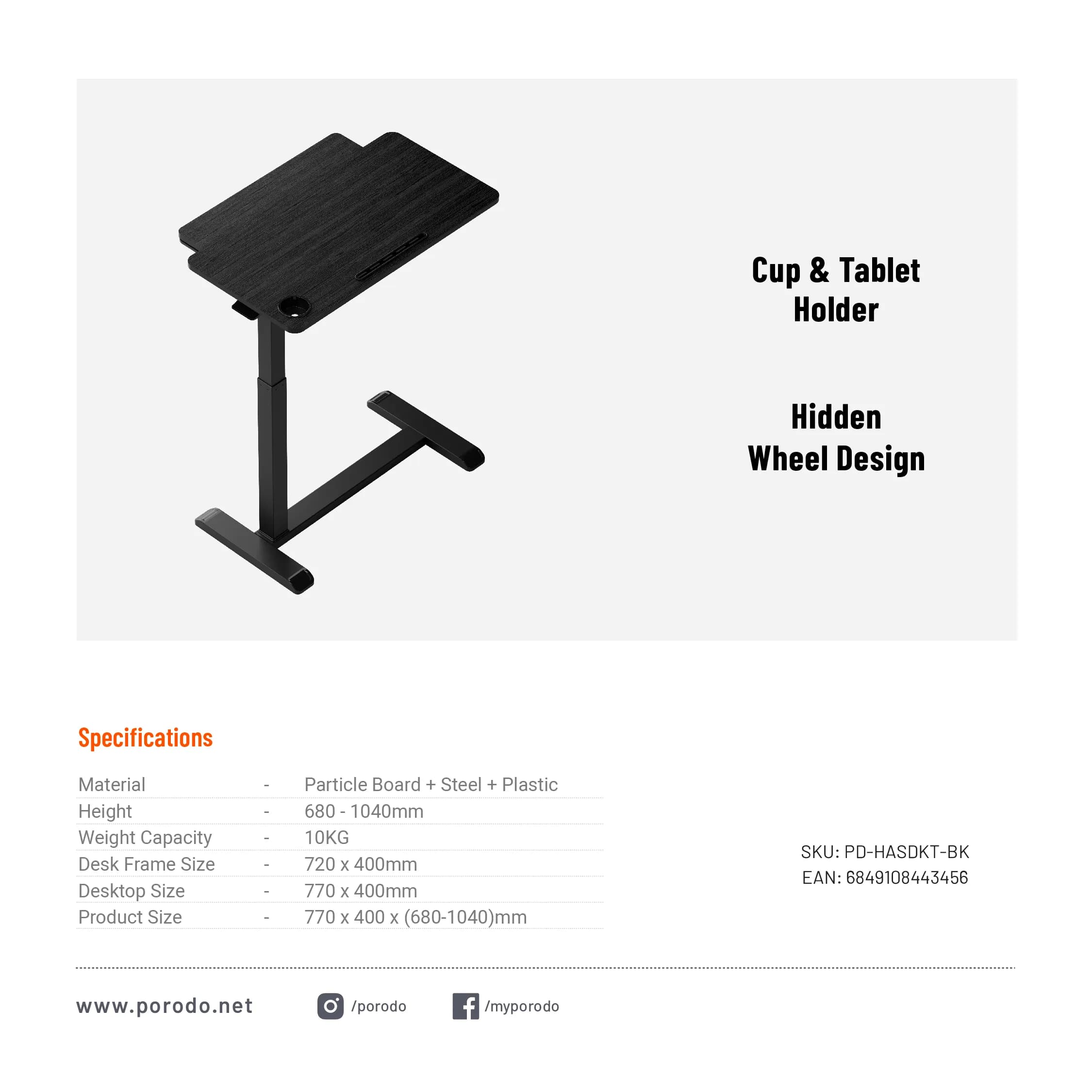 Porodo Height Adjustable Side Desk with Keyboard Tray - Black 4