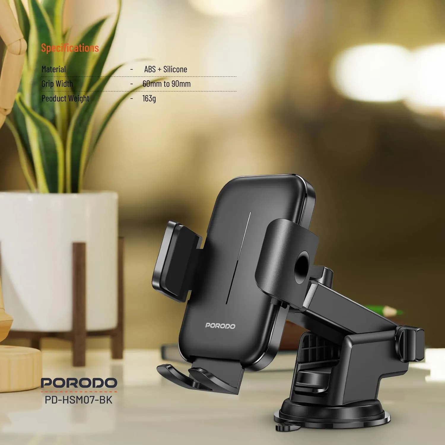 Porodo Dash & Windshield Mount - Adjustable Clamp, Black 3