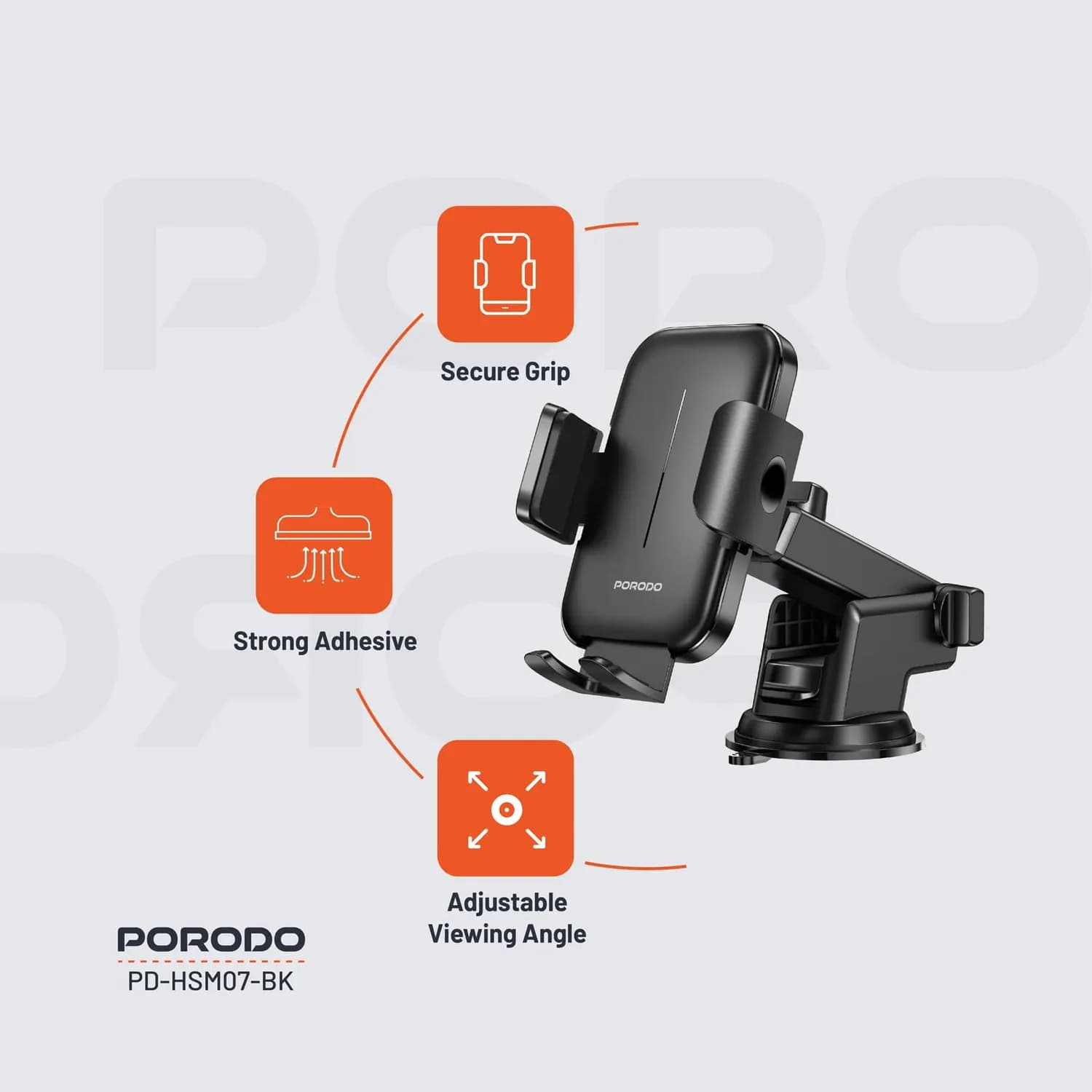 Porodo Dash & Windshield Mount - Adjustable Clamp, Black 4