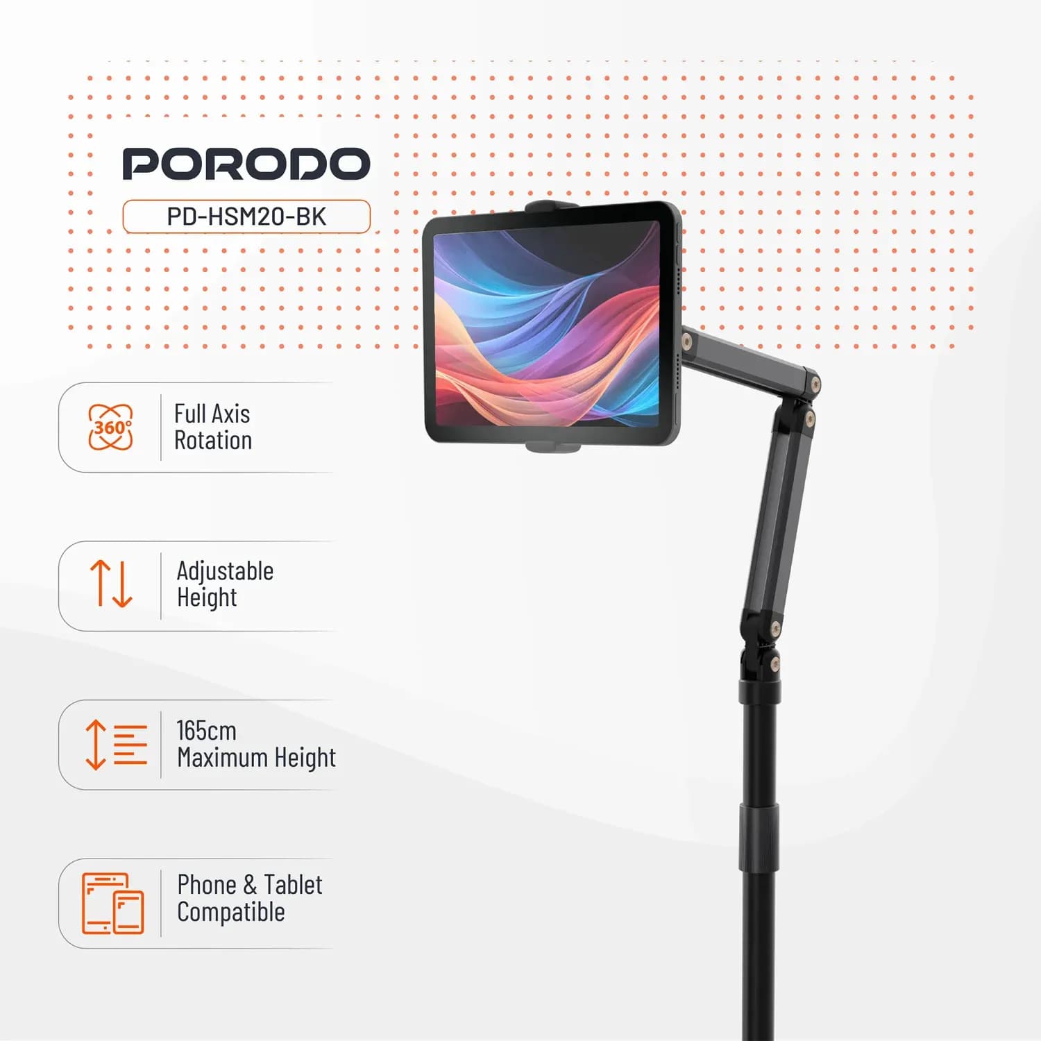 Porodo Floor Stand - Adjustable Height, Black 2