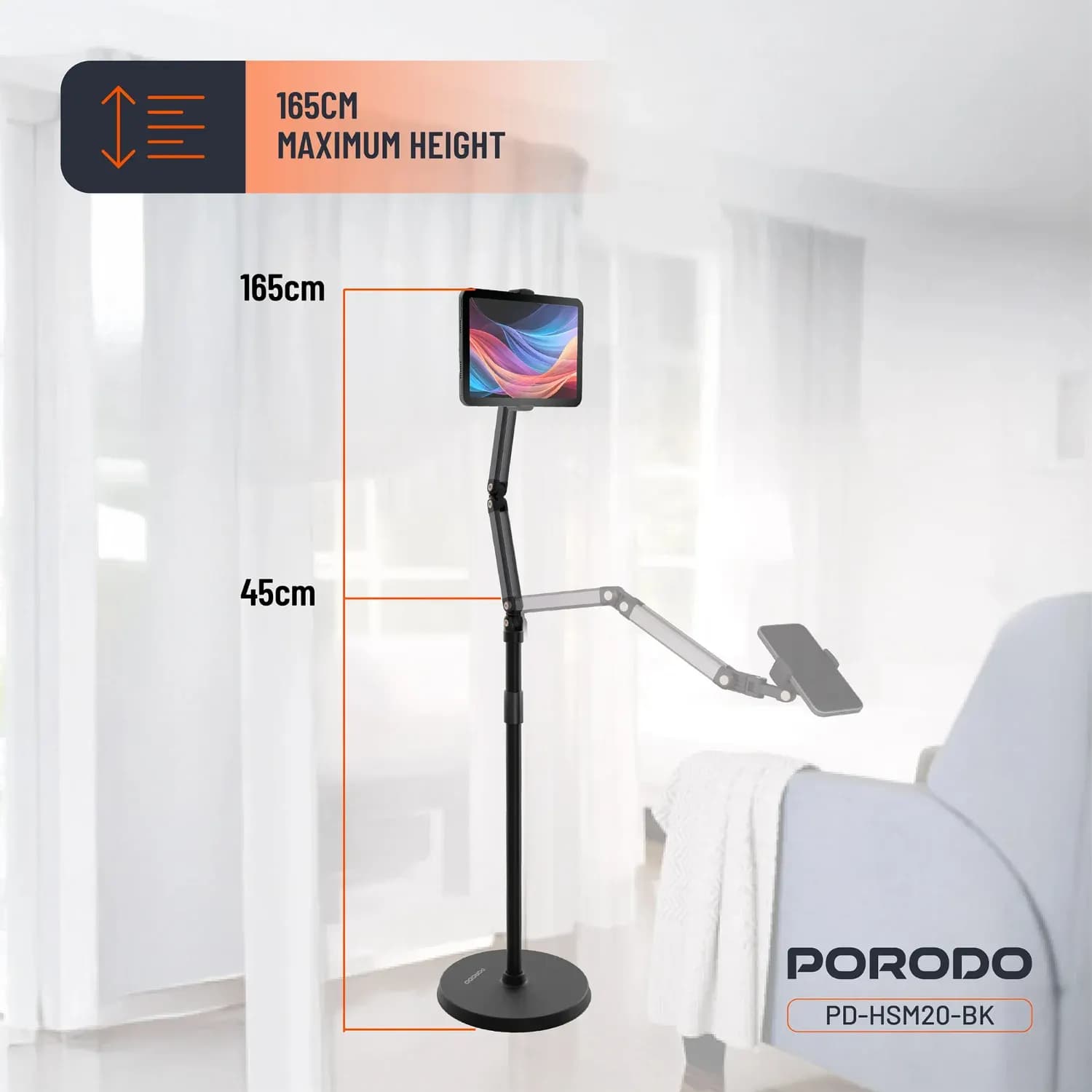 Porodo Floor Stand - Adjustable Height, Black 3