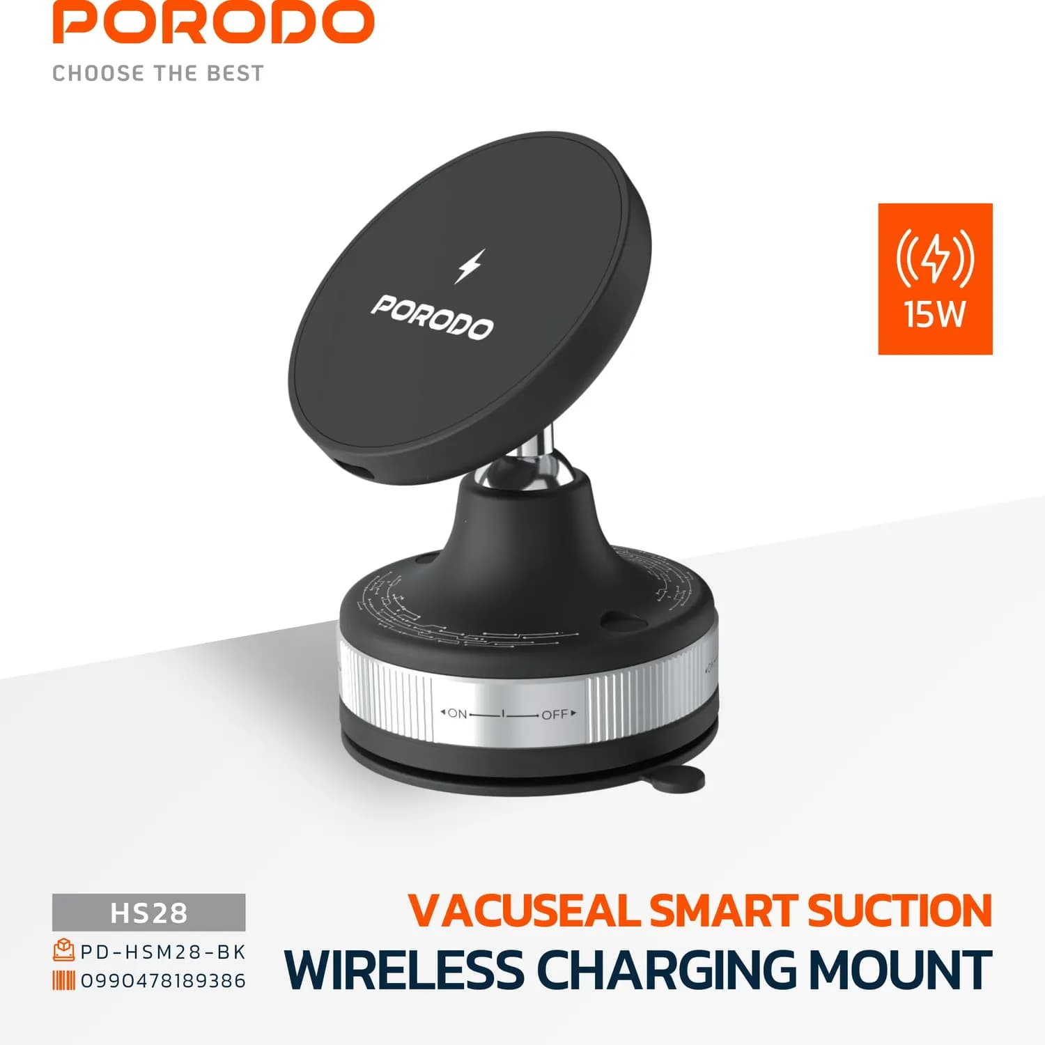 Porodo Magnetic Vacuum Mount - 360° Rotation, Black 3