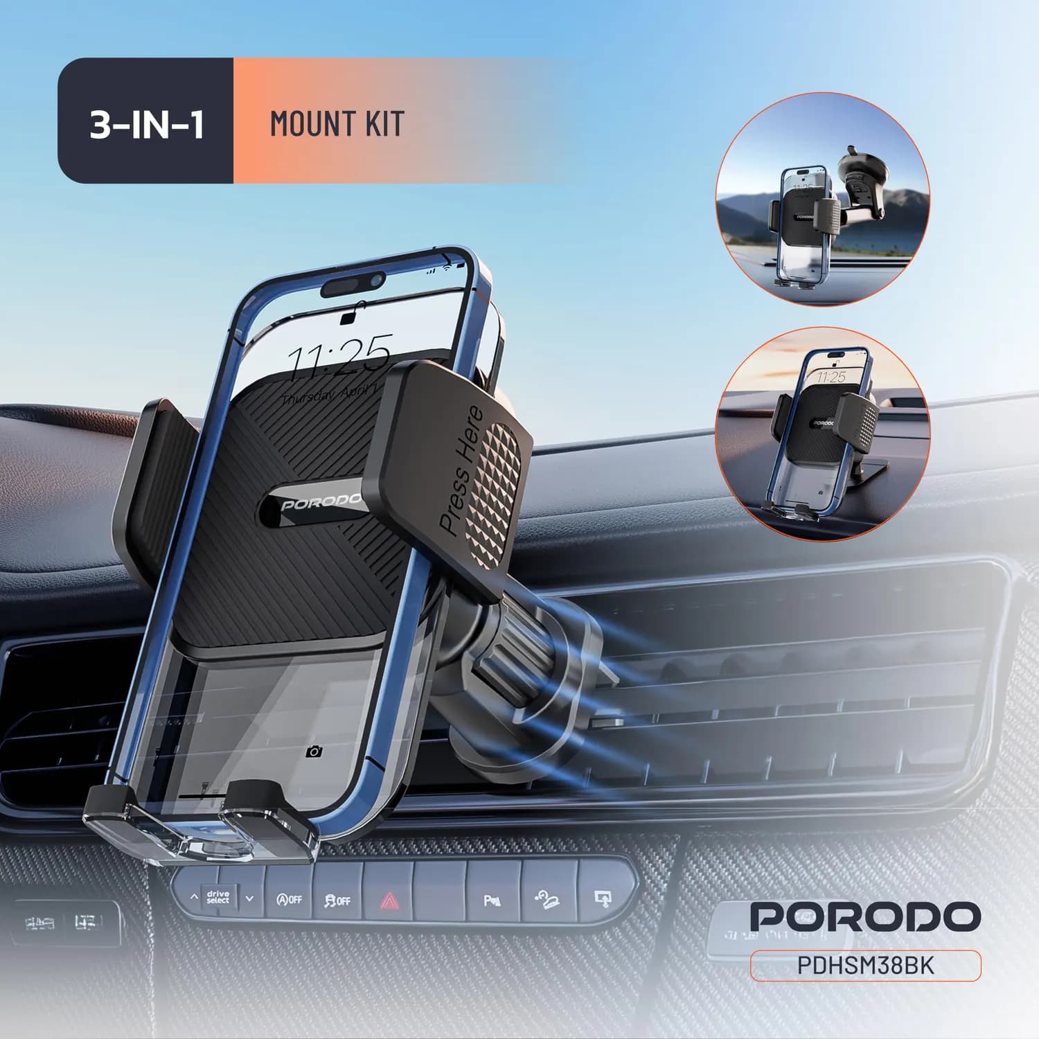 Porodo Magnetic Phone Holder - Dual Mount, Black 4
