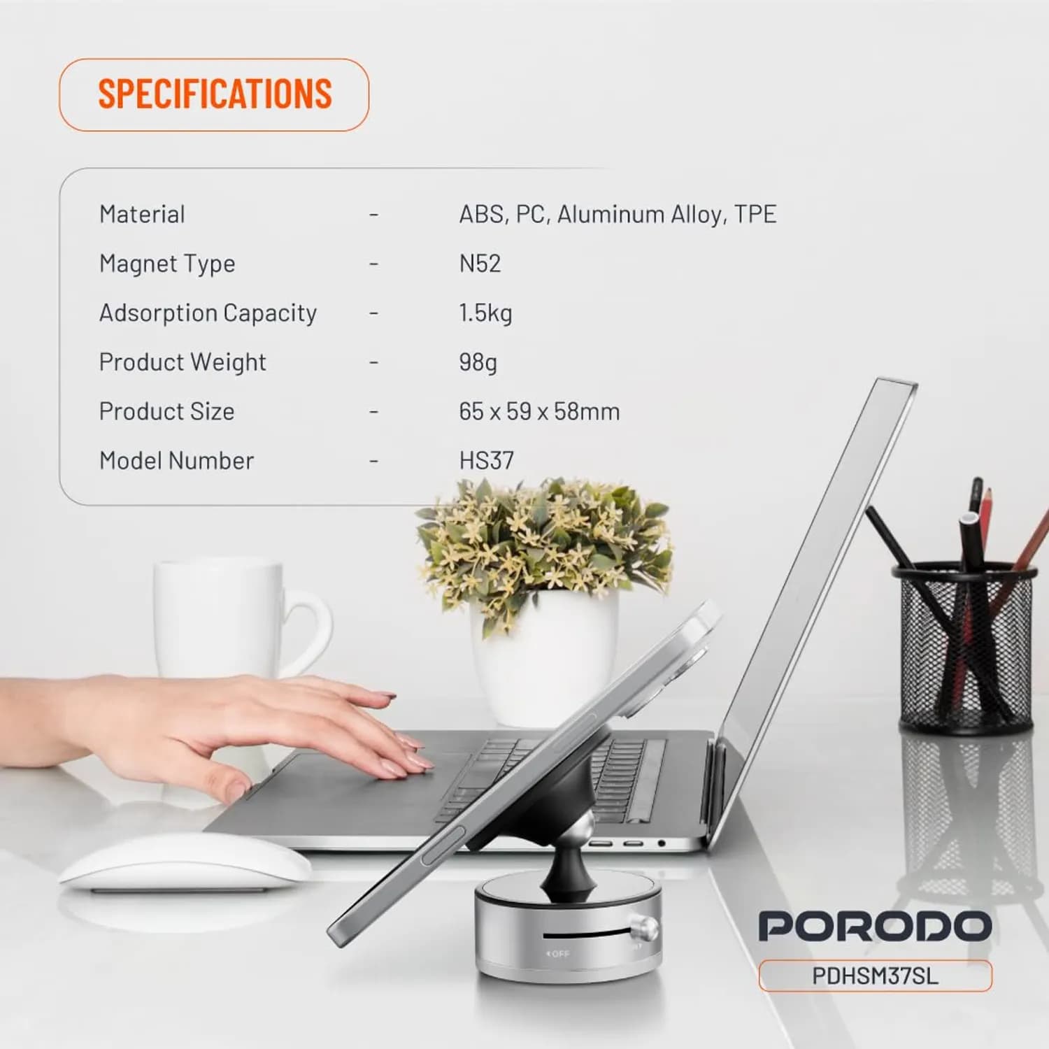 Porodo MagSafe Phone Mount - Adjustable Angle, Silver — Silver 2