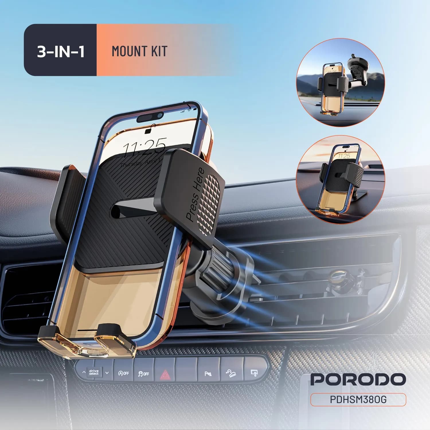 Porodo Phone Holder - 3-in-1 Mount, Black 5