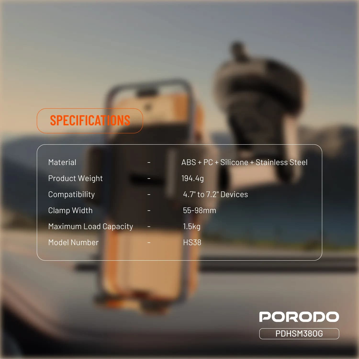 Porodo Phone Holder - 3-in-1 Mount, Orange 5