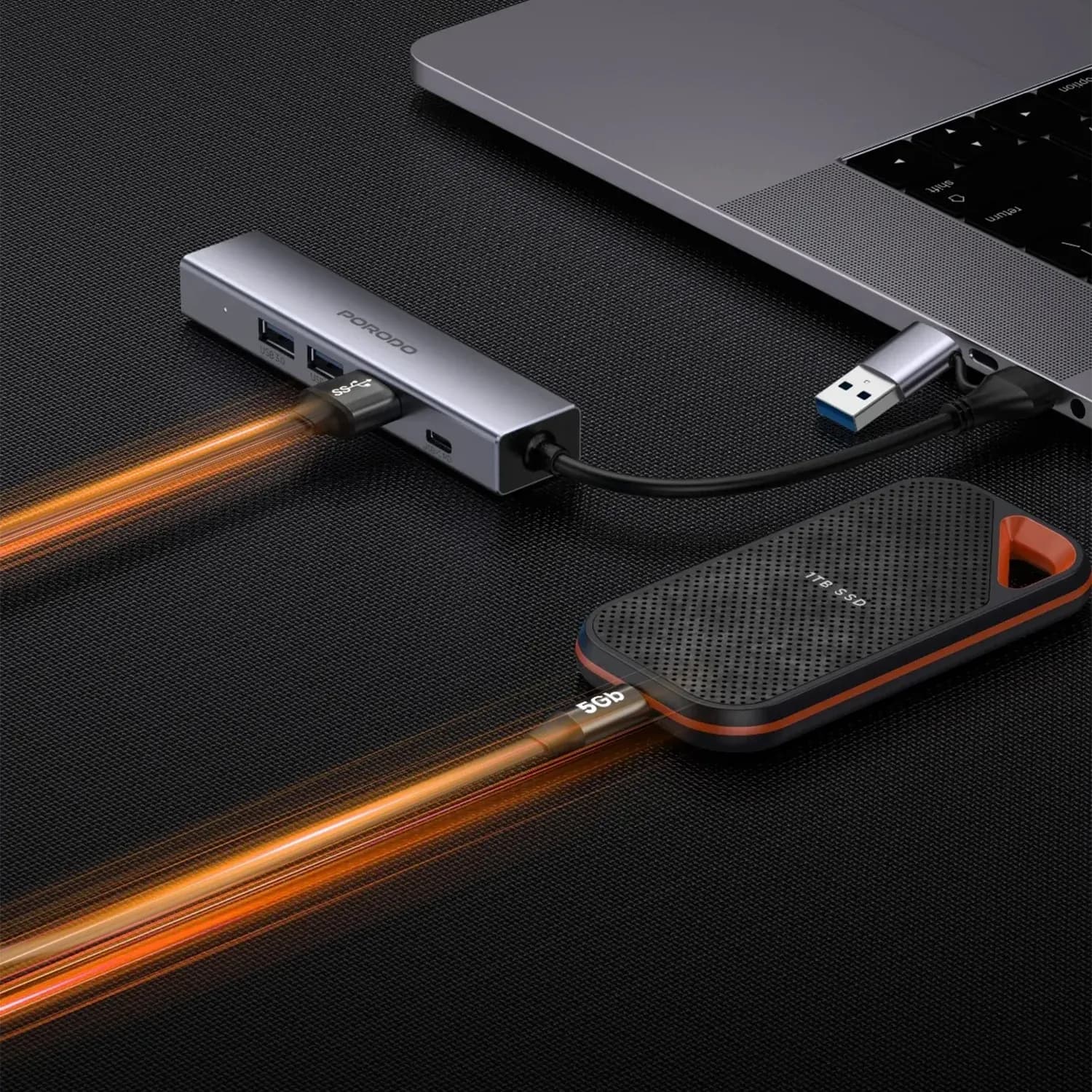 Porodo Multi-Port Hub - 100W PD, 5Gbps, Gray 2