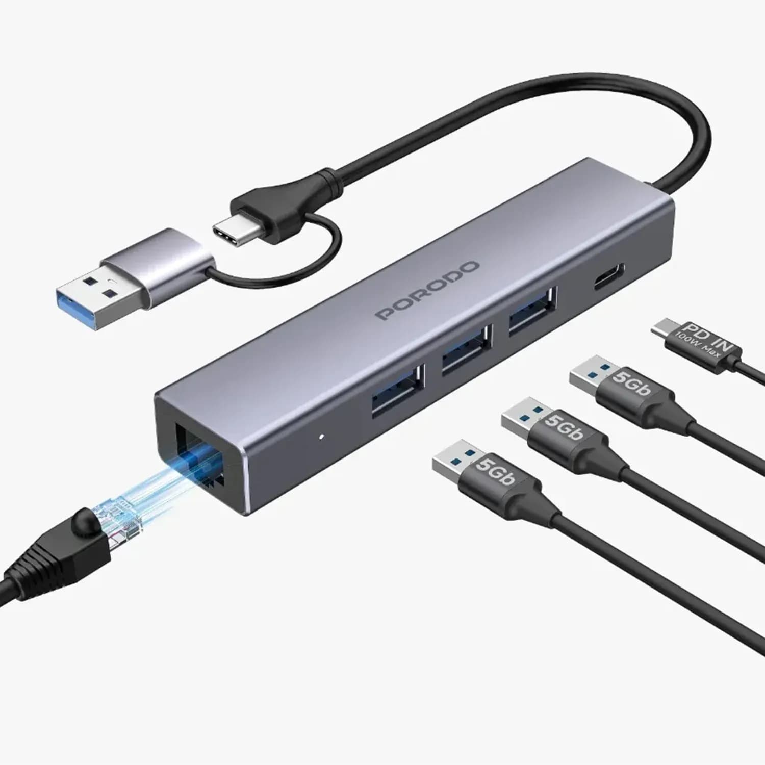 Porodo Multi-Port Hub - 100W PD, 5Gbps, Gray 3