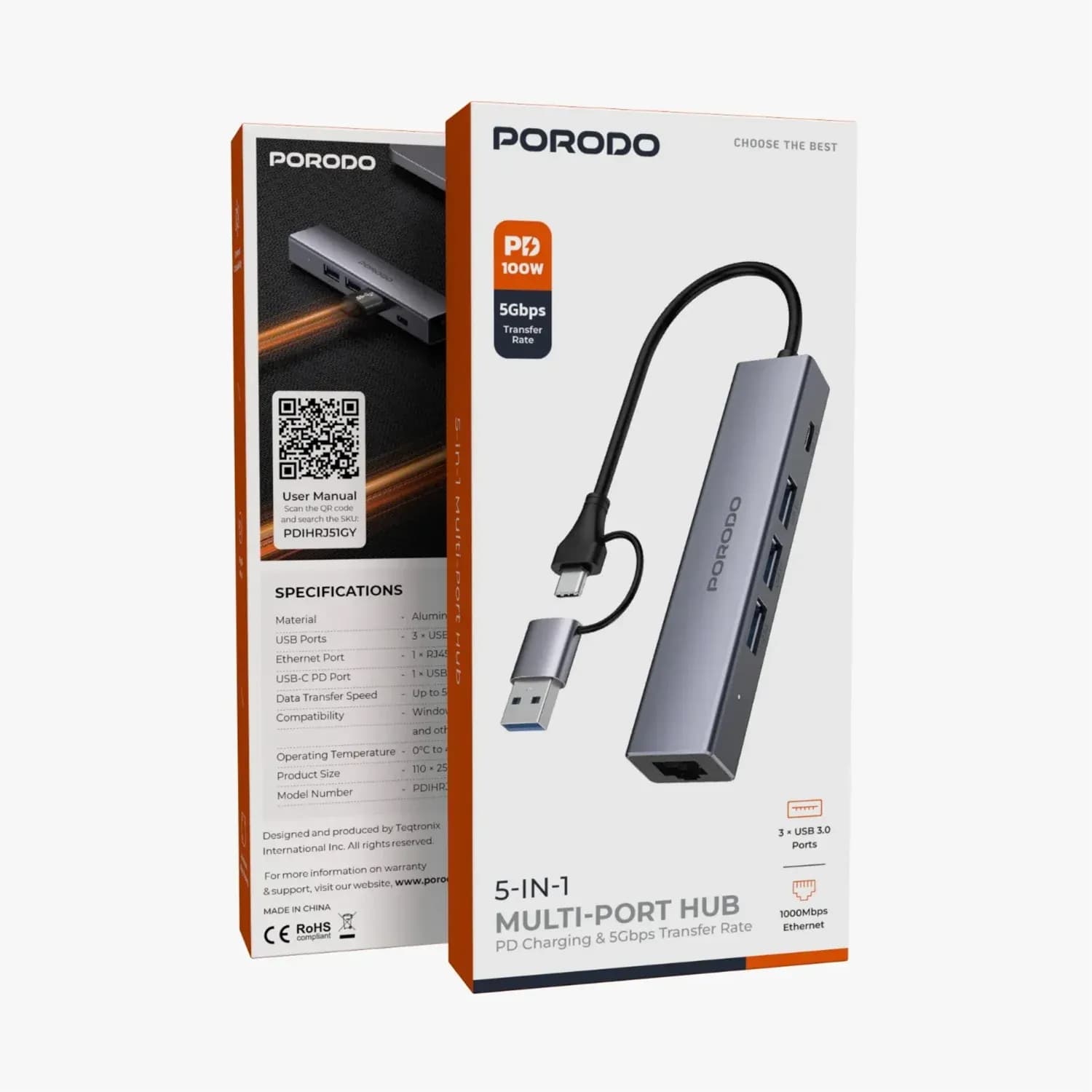 Porodo Multi-Port Hub - 100W PD, 5Gbps, Gray 4