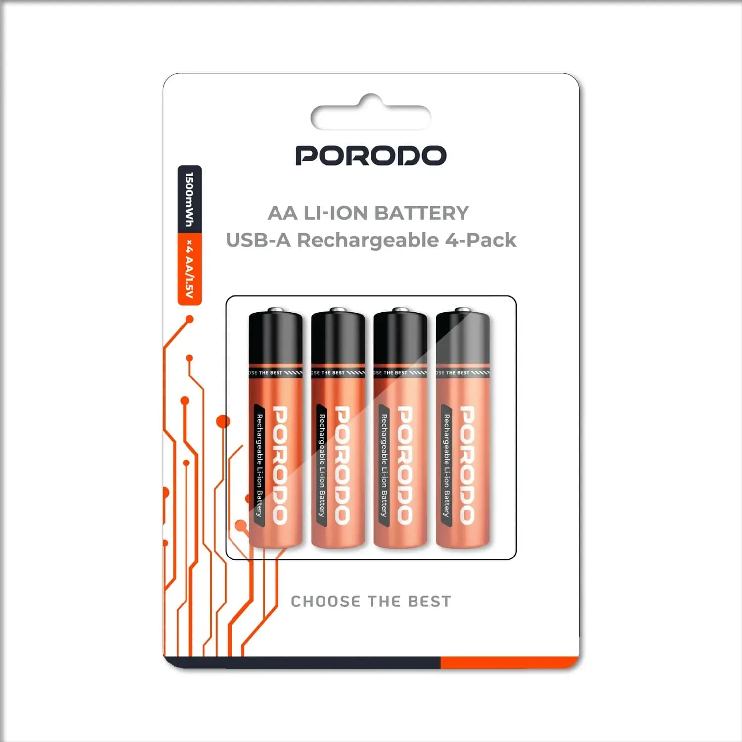 Porodo Rechargeable AA Batteries - 1500mWh USB Built-in, Pack of 4 2