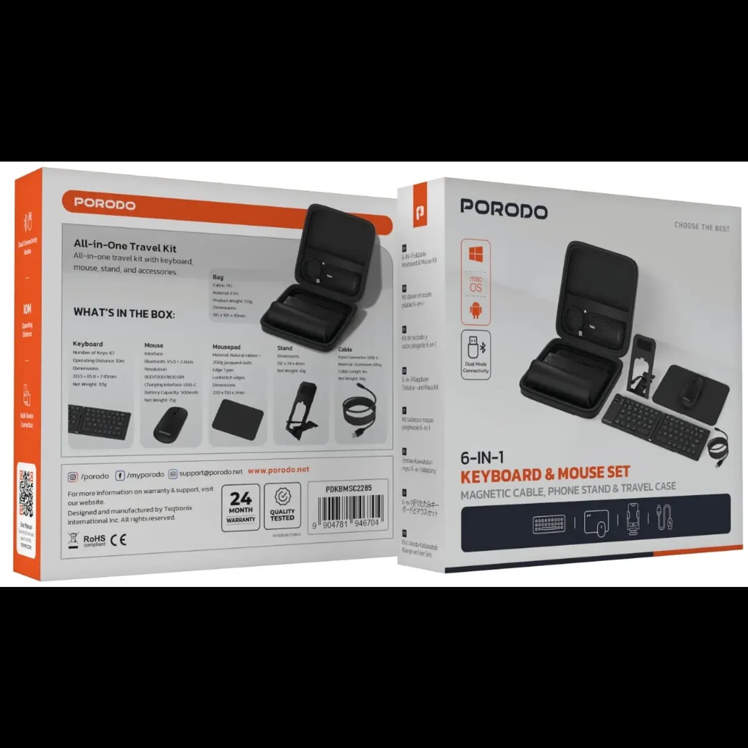 Porodo Keyboard & Mouse Set - 6-in-1, Dual Connectivity, Black 9