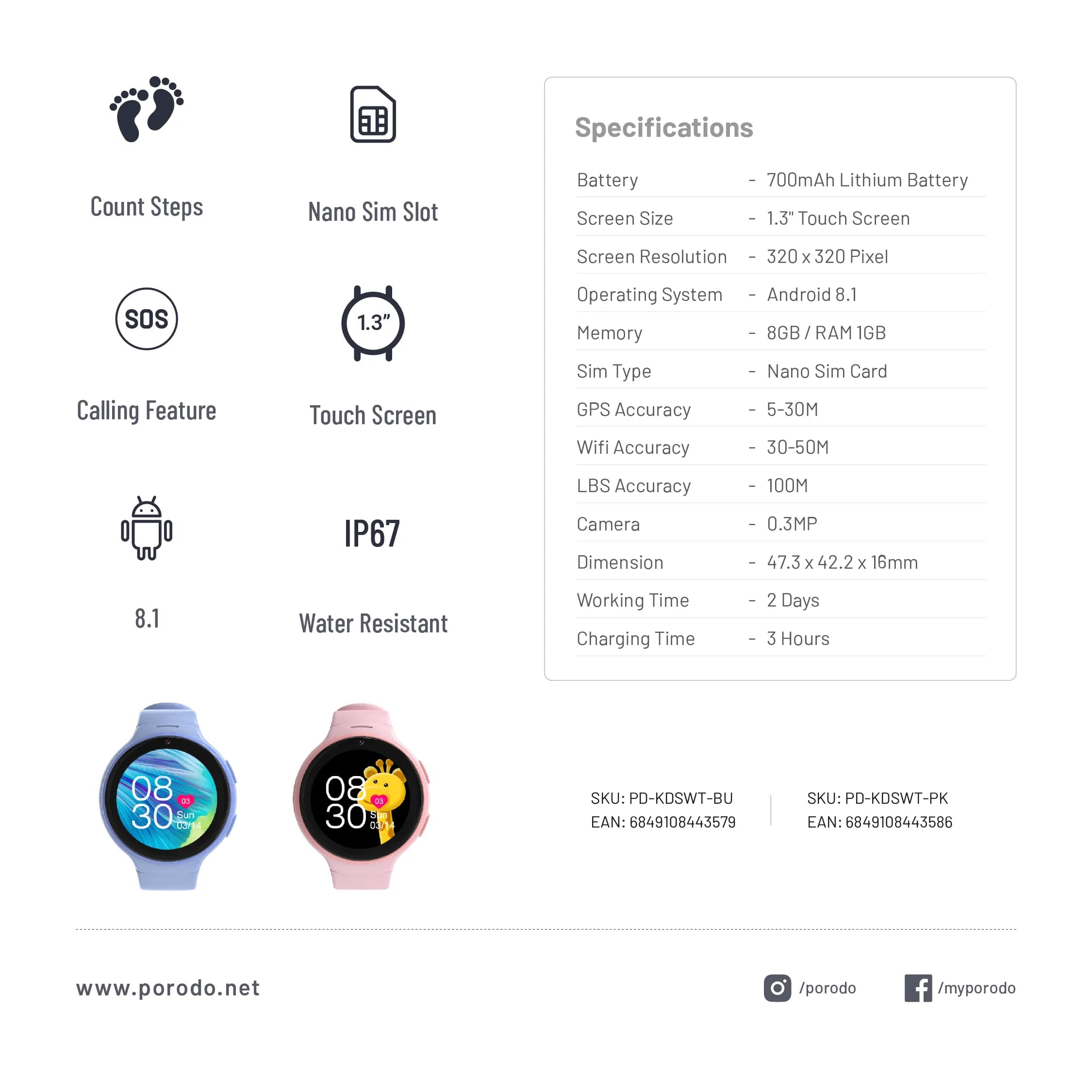 Porodo 4G Kids GPS Smart Watch — Blue 2