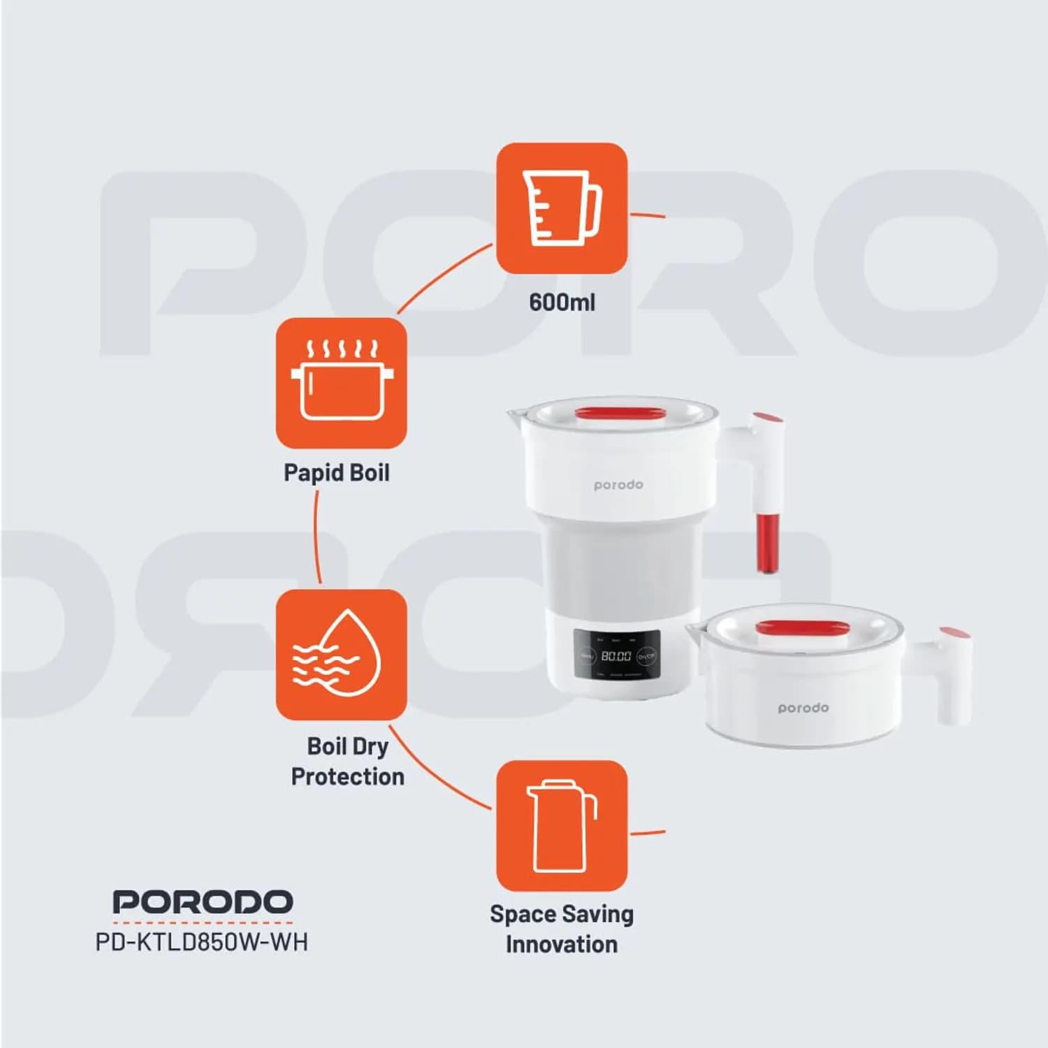 Porodo Lifestyle 600ML Portable And Foldable Electric Kettle 850W, - White 4