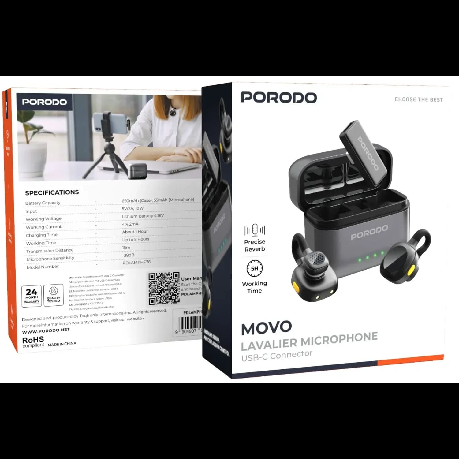 Porodo Lavalier Microphone - USB-C, 15M Range, Black 4