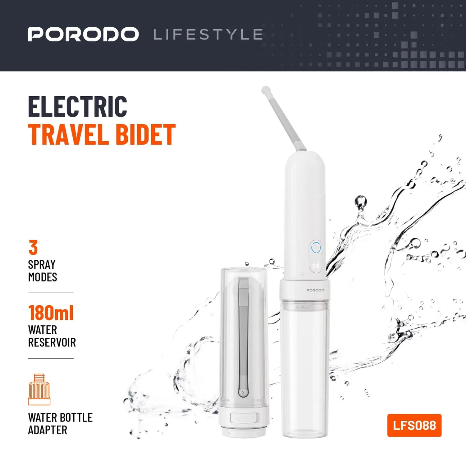 Porodo Travel Electric Bidet PD-LFST088 - 180ml, 3 Spray Modes, White 3