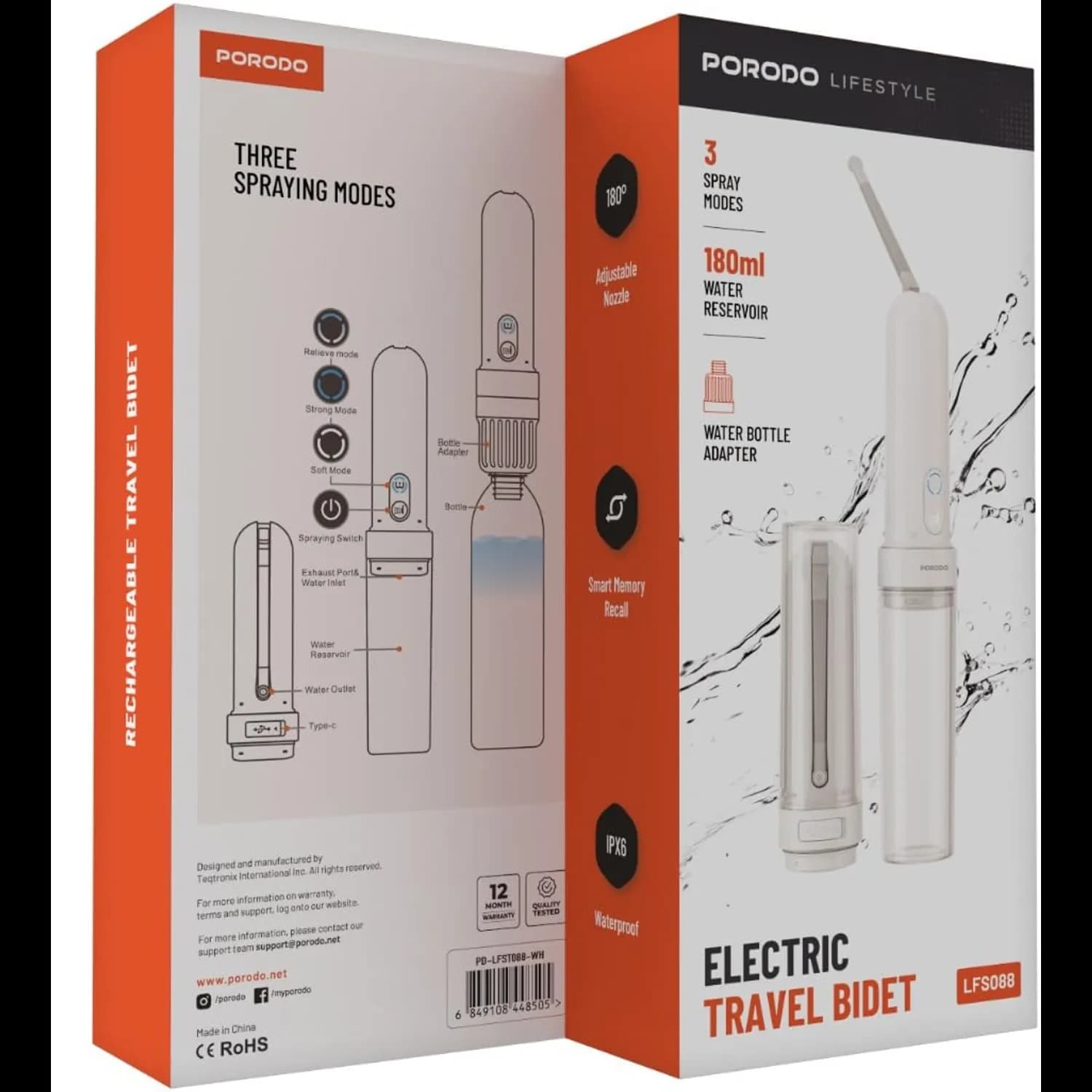 Porodo Travel Electric Bidet PD-LFST088 - 180ml, 3 Spray Modes, White 5