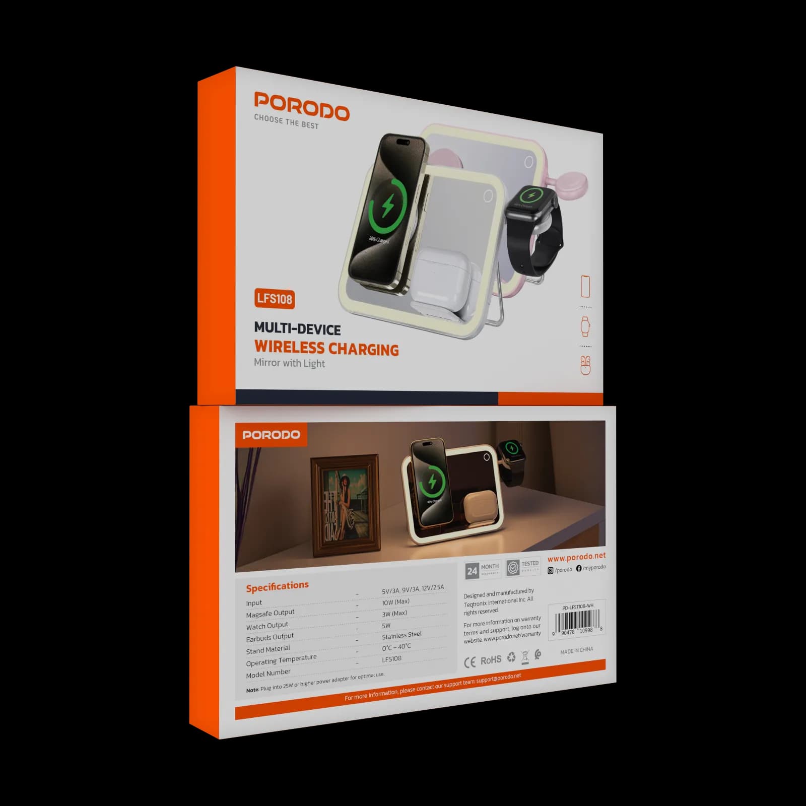 Porodo Multi-Device Wireless Charging Mirror With Lights — White 2