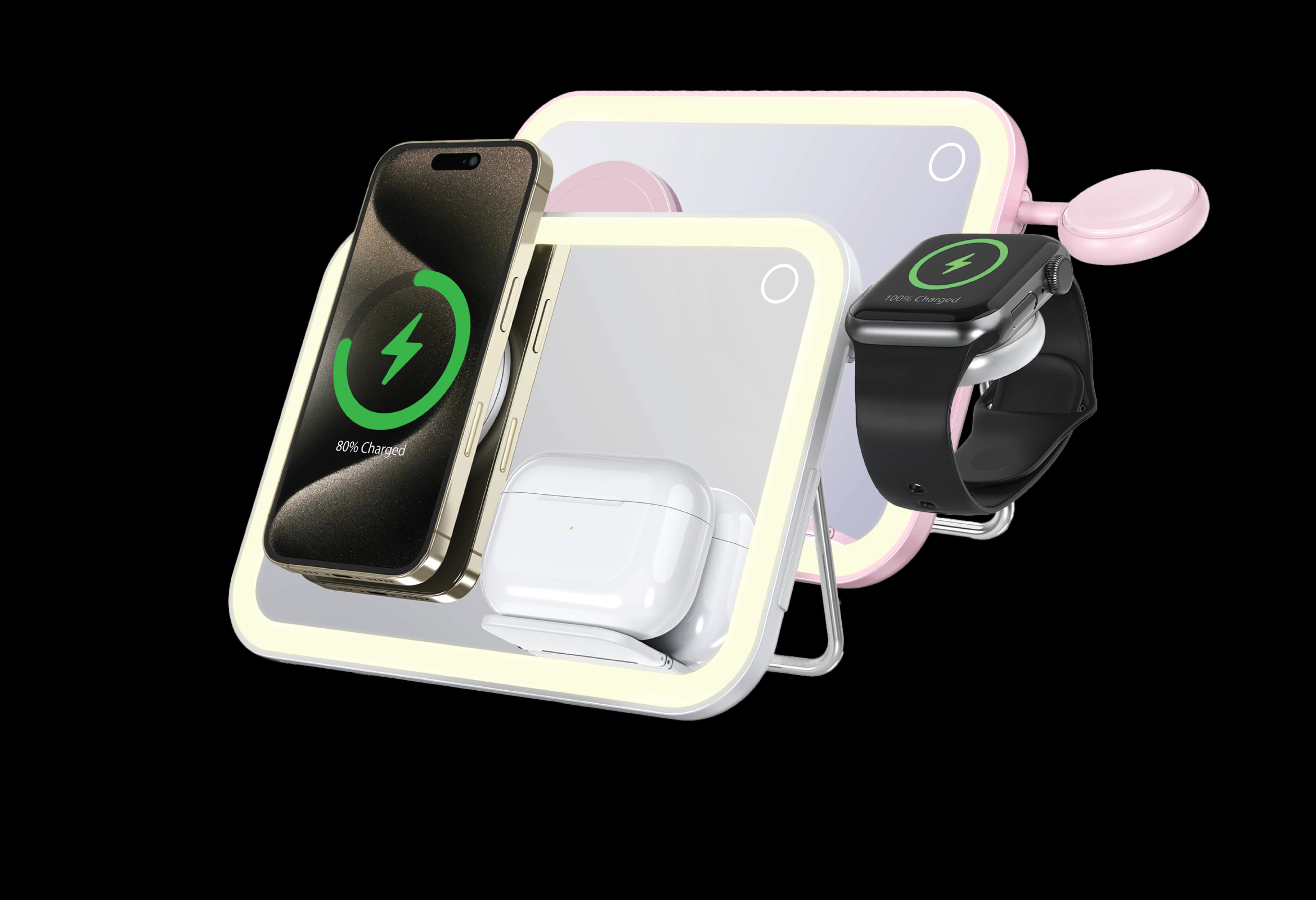 Porodo Multi-Device Wireless Charging Mirror With Lights — White 3