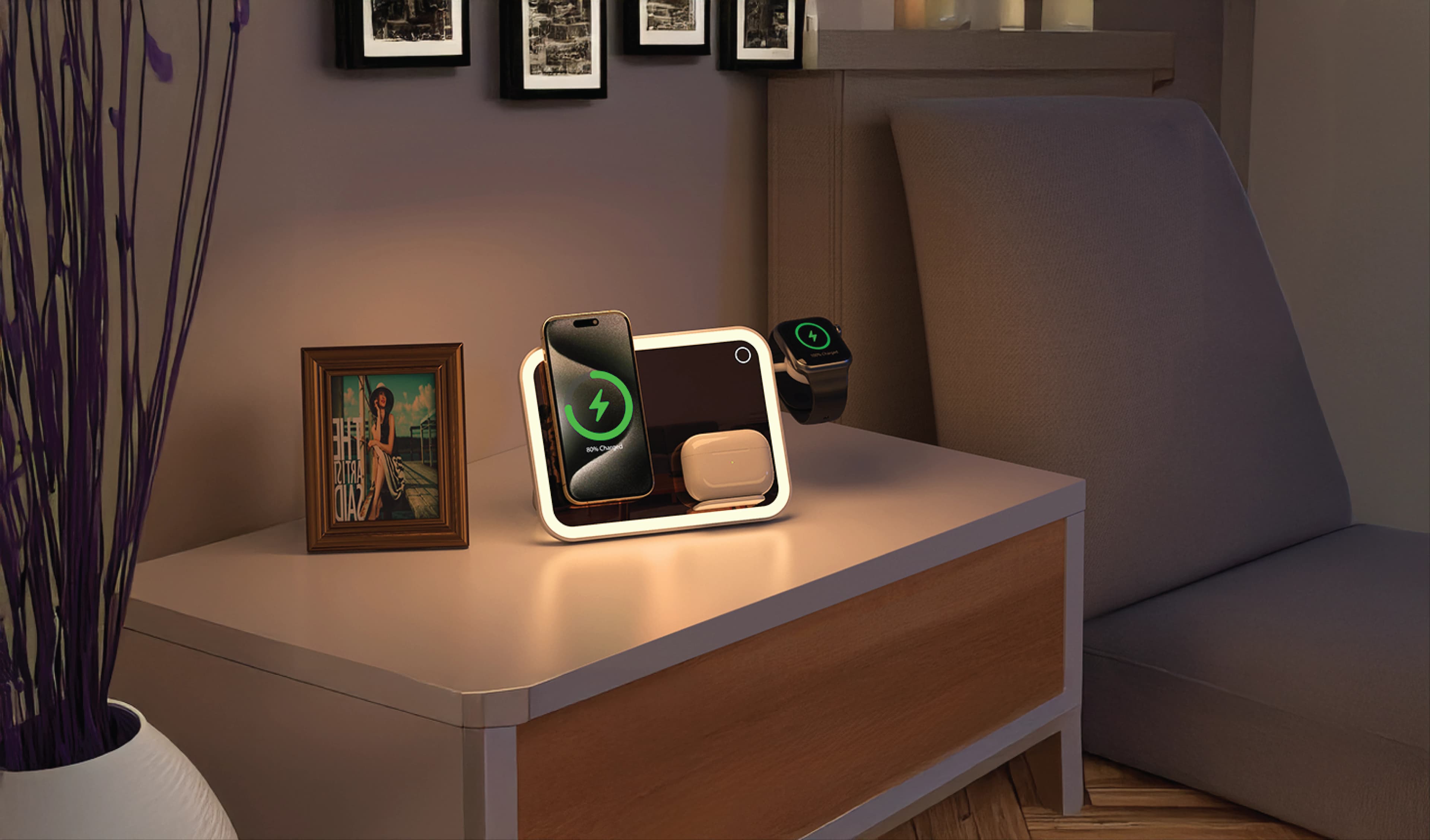 Porodo Multi-Device Wireless Charging Mirror With Lights — White 4