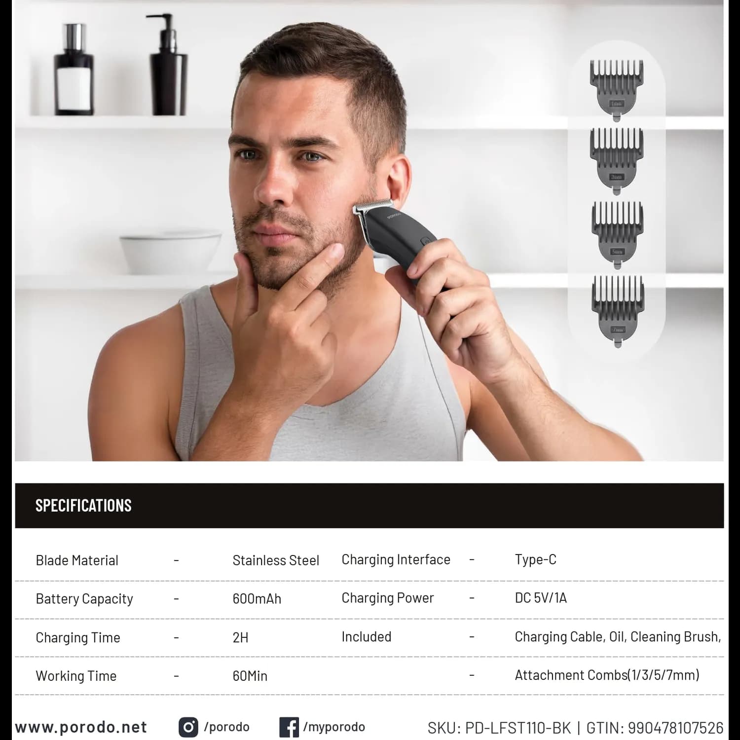 Porodo Compact T-Blade Hair Trimmer, - Black 4