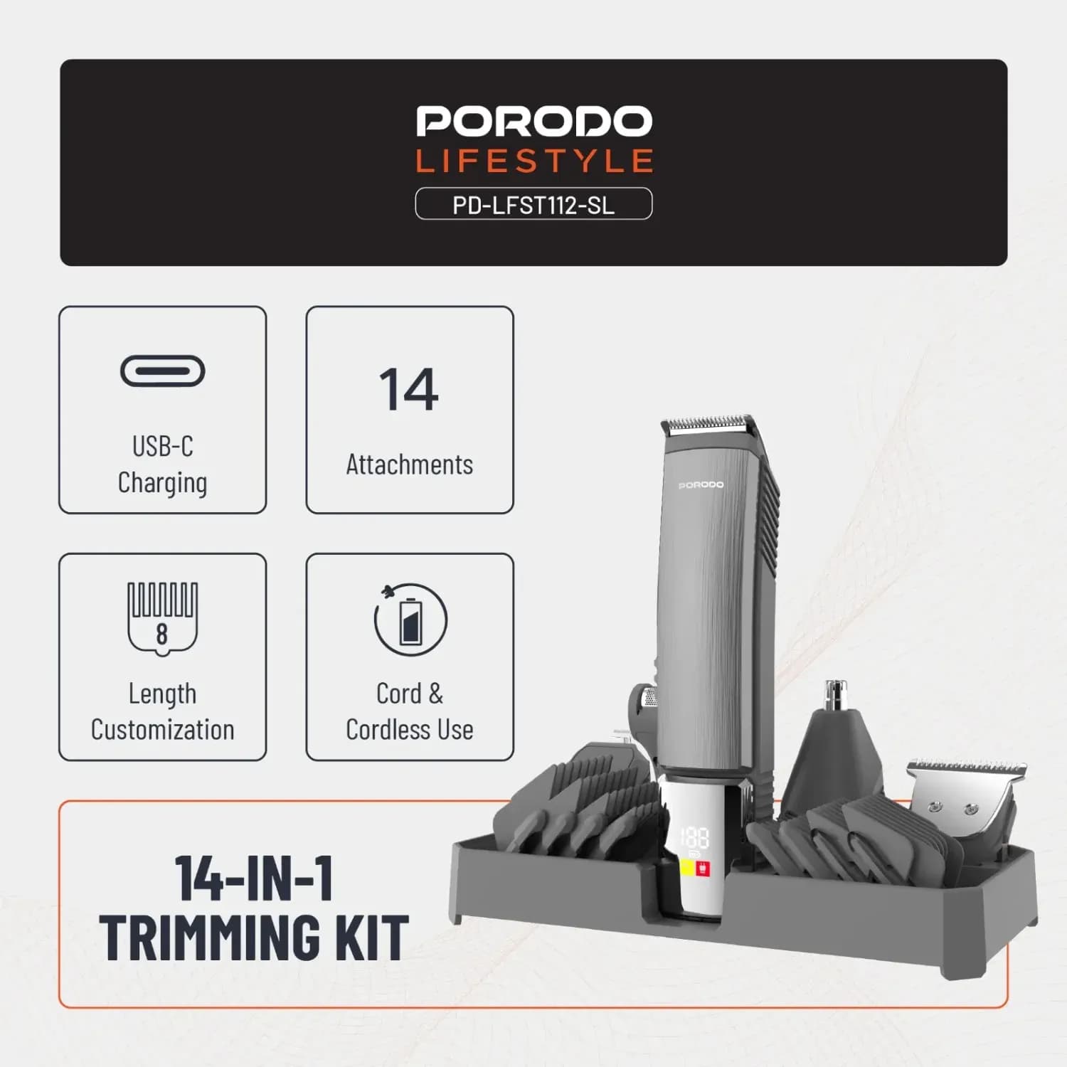 Porodo Trimming Kit - 14-in-1 Groomer, IPX6 Washable 2
