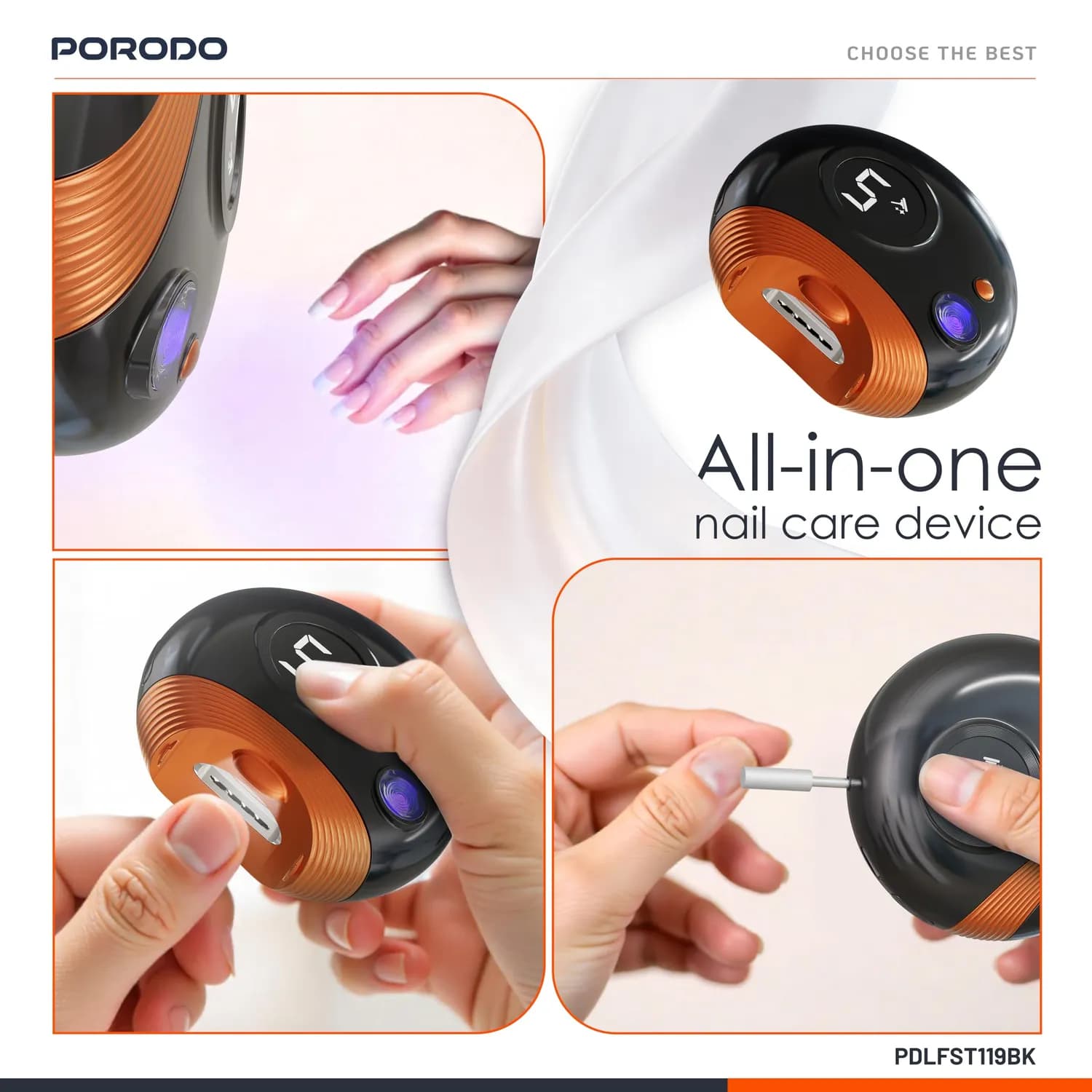 Porodo 3-in-1 Electric Nail Trimmer, Multi-Functional Manicure & Pedicure Tool with 11pcs Set - Black 3