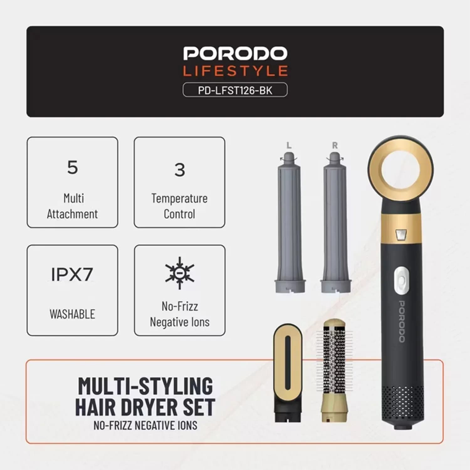 Porodo Multi-Styling Hair Dryer Set, - Black 2