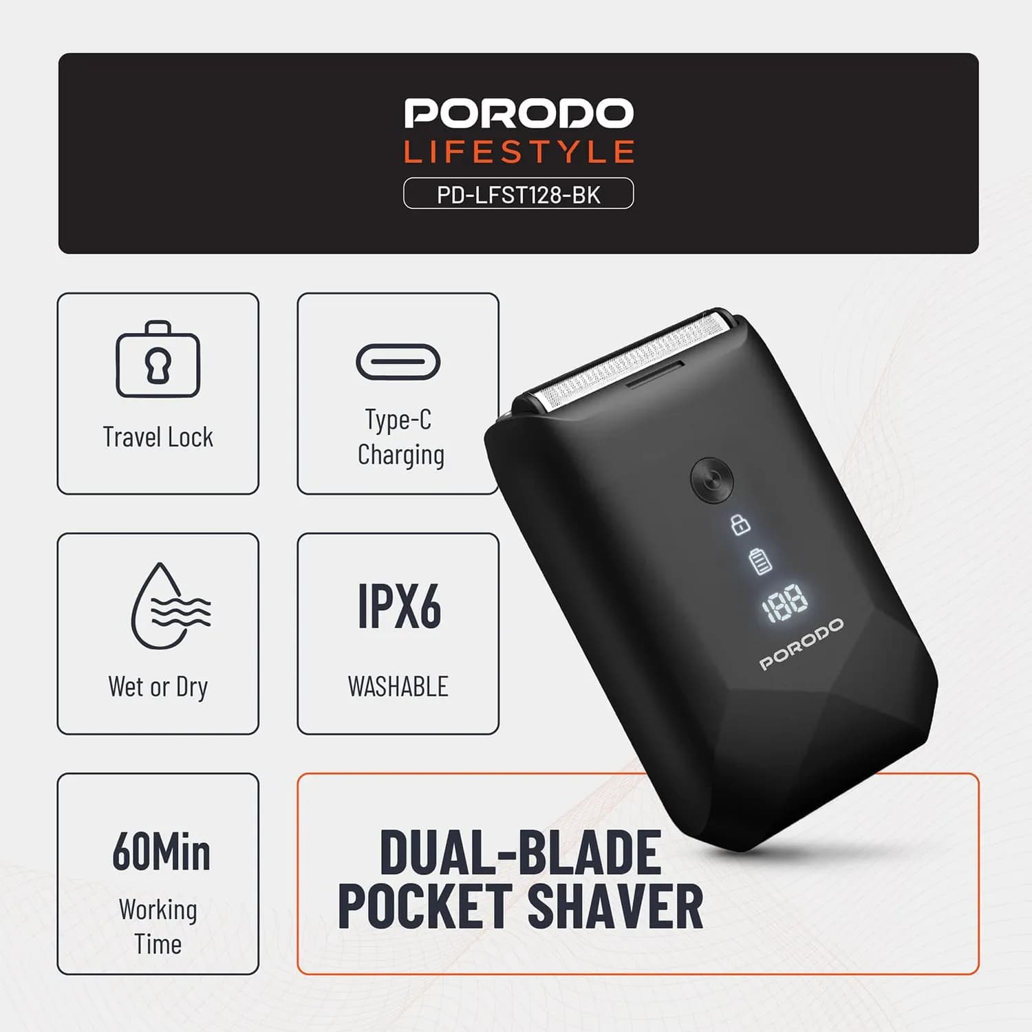 Porodo Shaver - Dual-Blade, Waterproof, Black 3