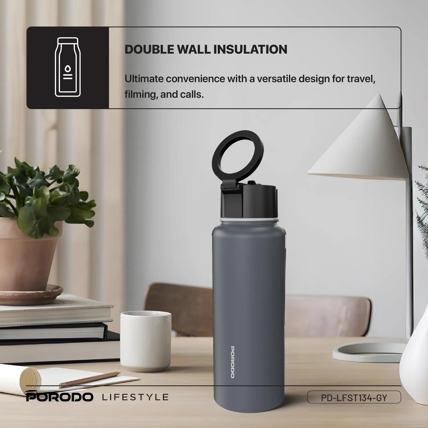 Porodo Water Bottle - Magnetic Mount, 950mL, Gray — Grey 2