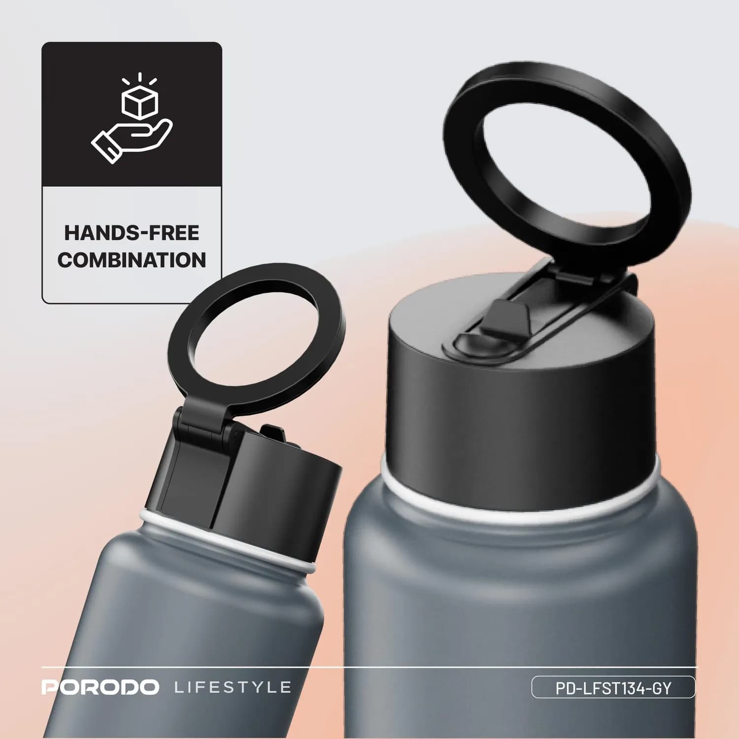 Porodo Water Bottle - Magnetic Mount, 950mL, Gray — Grey 3
