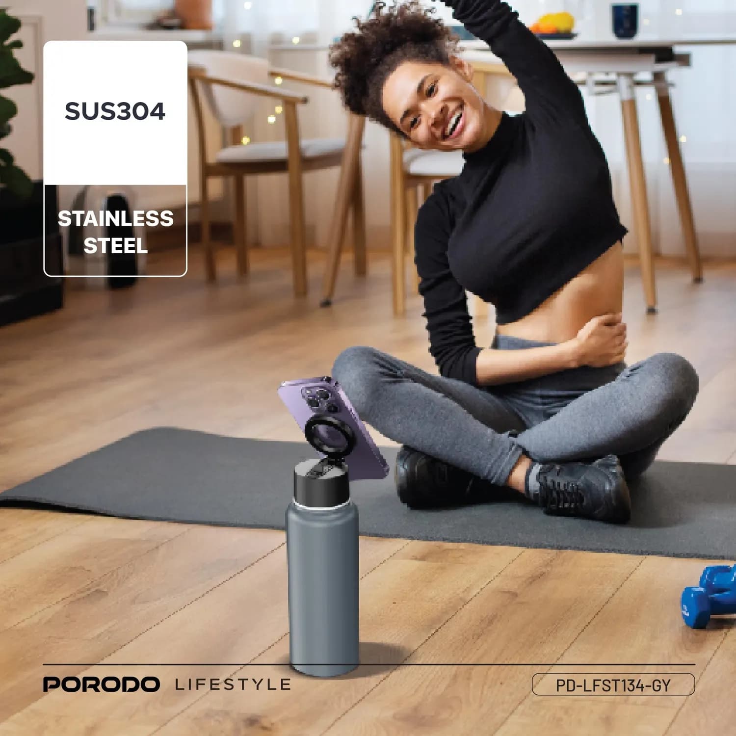 Porodo Water Bottle - Magnetic Mount, 950mL, Gray — Grey 4