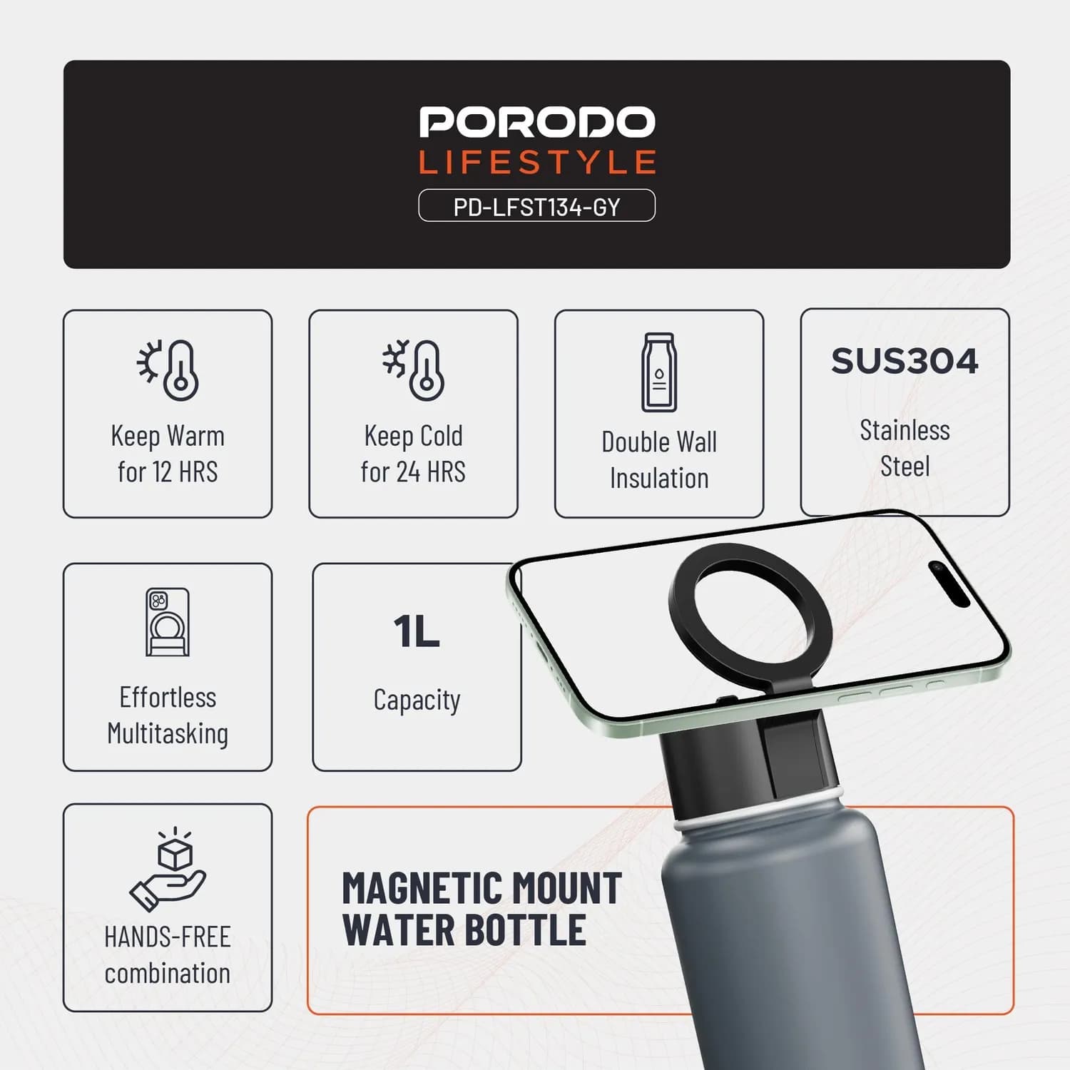 Porodo Water Bottle - Magnetic Mount, 950mL, Gray — Grey 5