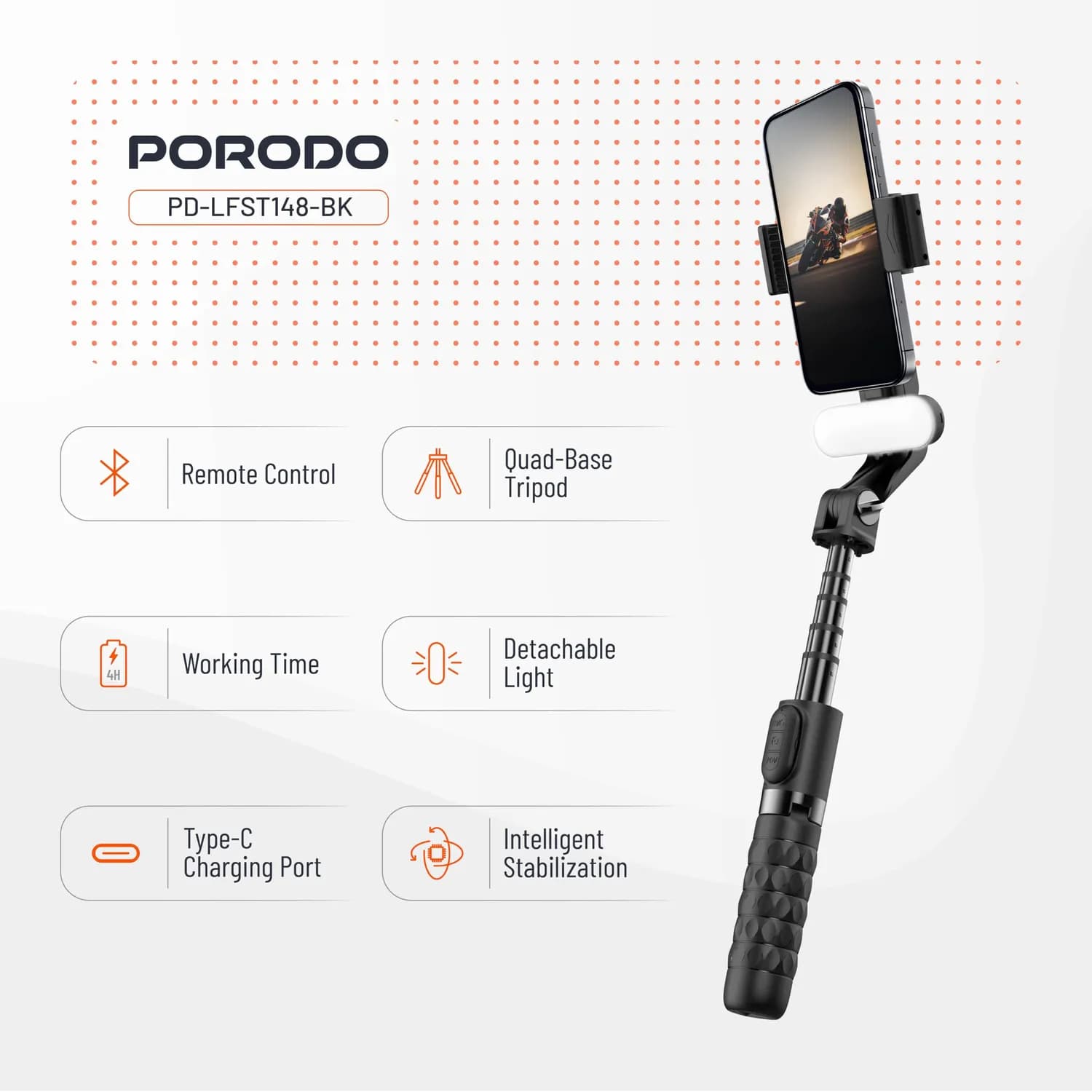 Porodo Gimbal Stabilizer QuadBase - Bluetooth 5.2, Foldable, Black 4