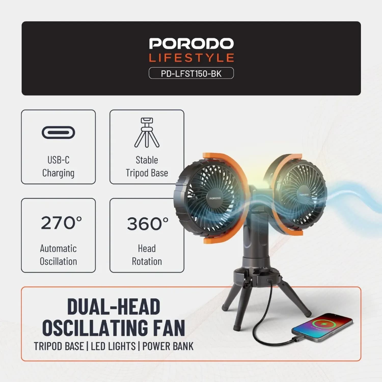 Porodo Fan - Dual-Head Oscillating, Black 5