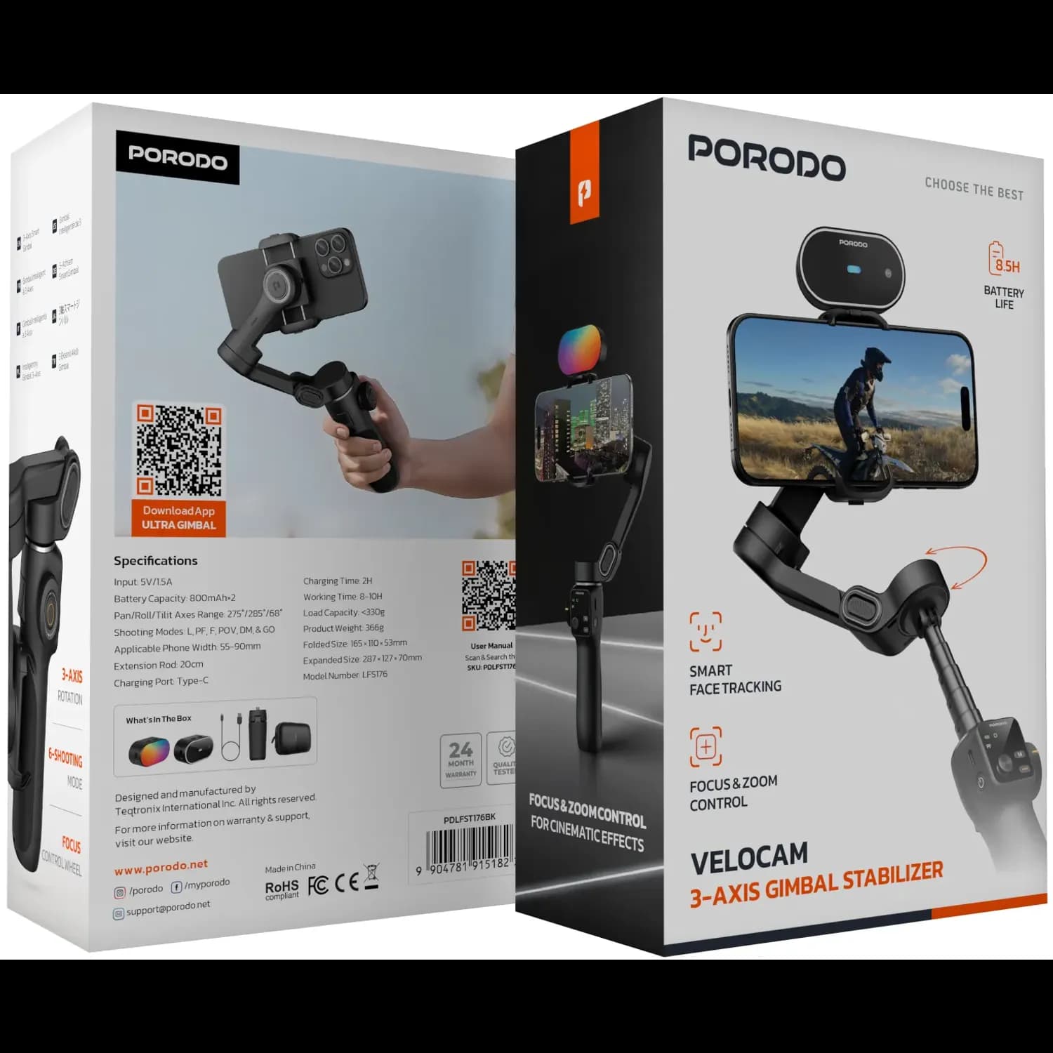 Porodo 3-Axis Gimbal Stabilizer - Face Tracking, Magnetic Lights, Black 2