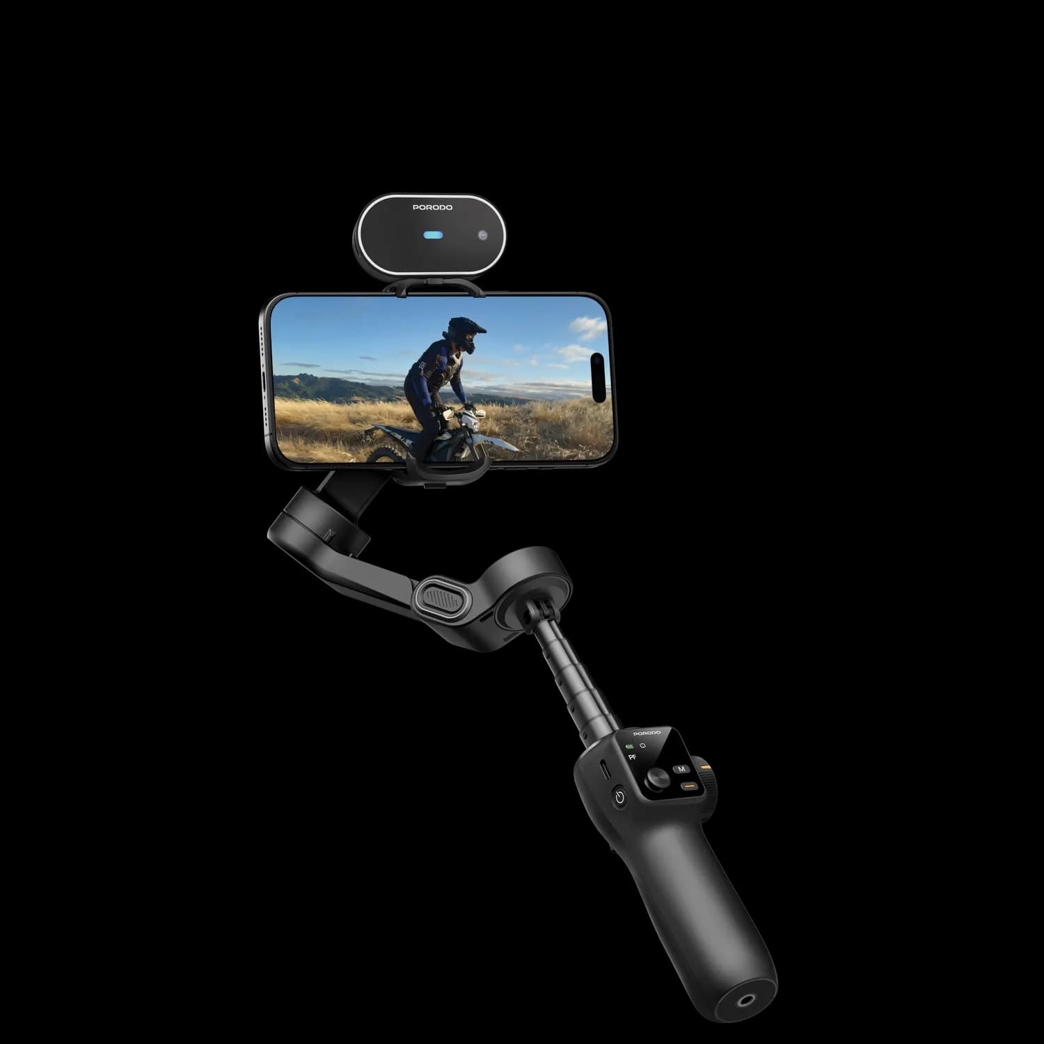 Porodo 3-Axis Gimbal Stabilizer - Face Tracking, Magnetic Lights, Black 3