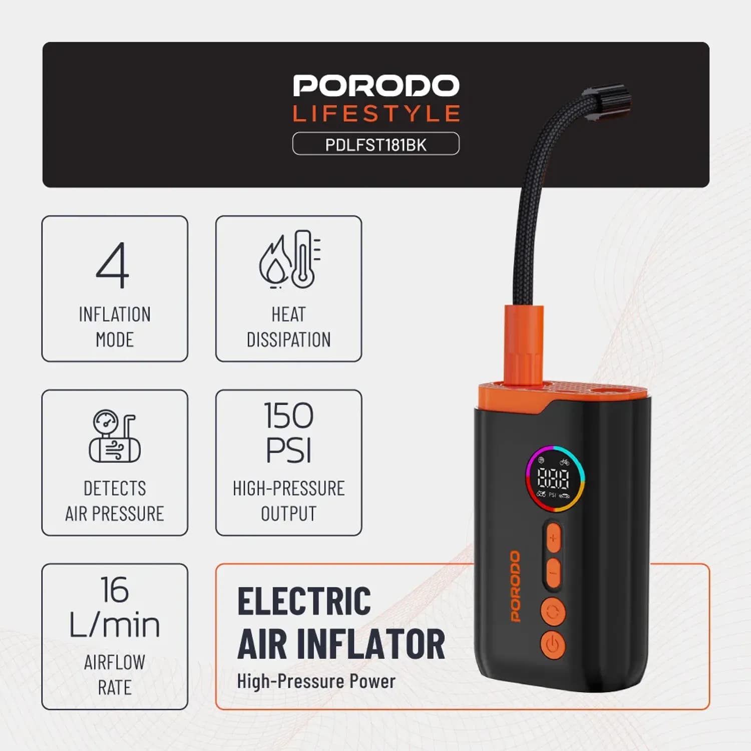 Porodo Electric Air Inflator - 150PSI, 4 Modes, Black 4