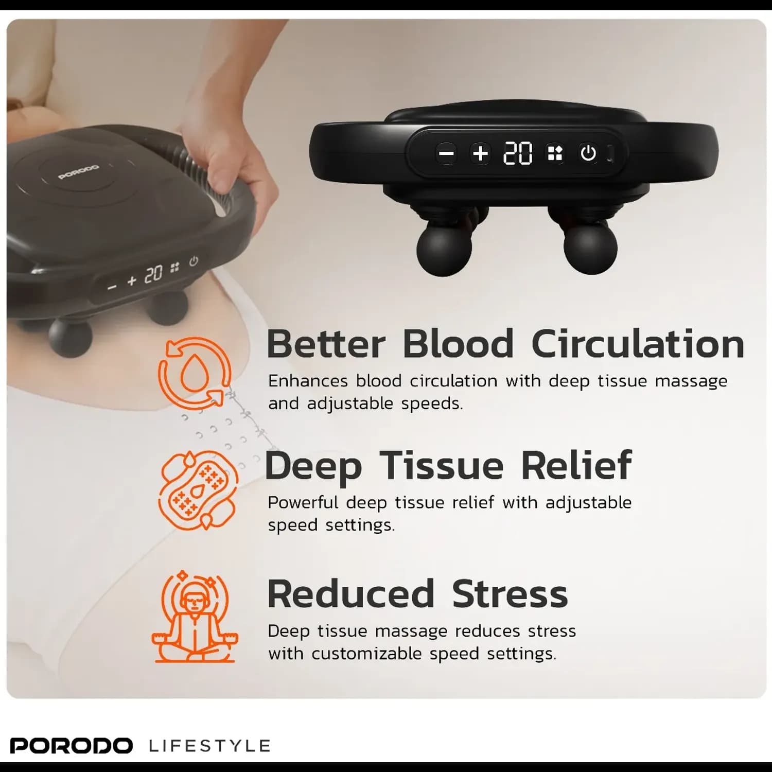 Porodo Massage Gun - 8 Heads, Rechargeable, Black 3