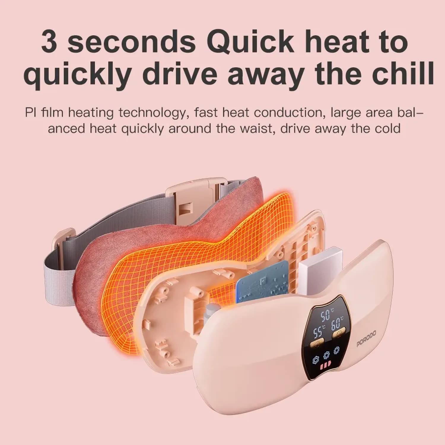 Porodo Heat & Wave Massage Pad - Cordless, 3 Heat Levels, Black 4