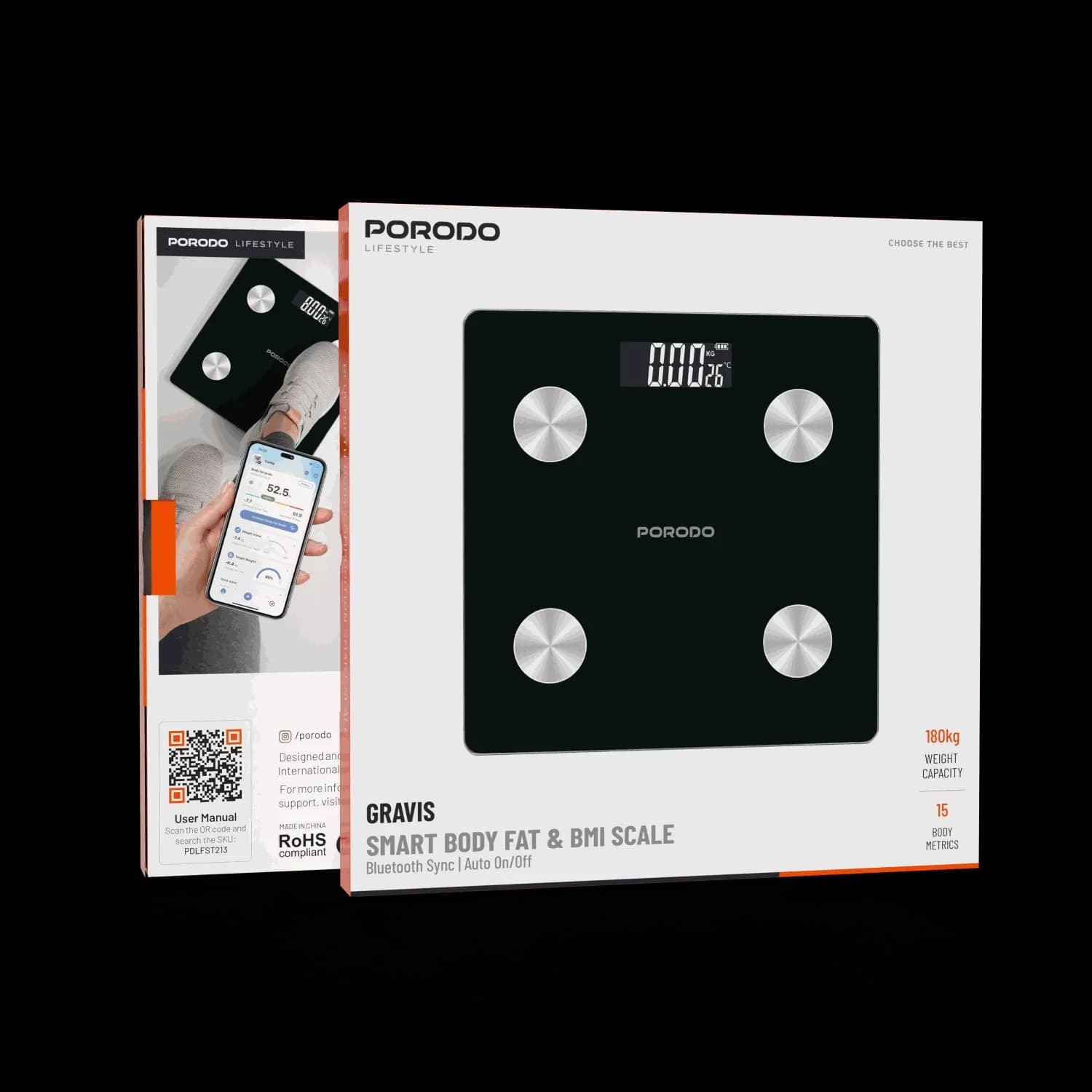 Porodo Scale Gravis - Smart Body FAT & BMI, Black 3