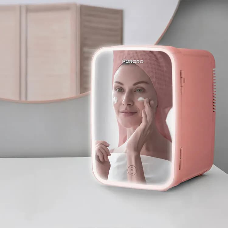 Porodo Mini Makeup Fridge - 4L, LED Mirror, Pink 3
