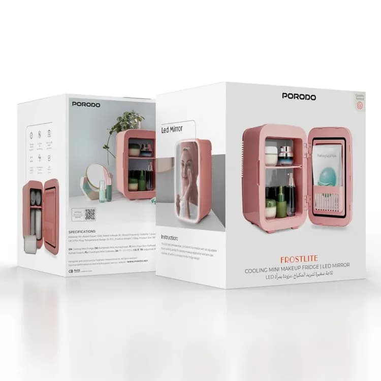 Porodo Mini Makeup Fridge - 4L, LED Mirror, Pink 6