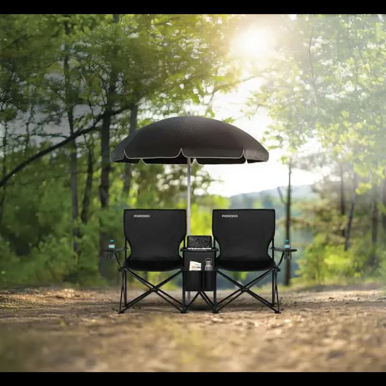 Porodo Dual Camping Chair - Removable Umbrella, 12L Ice Pouch, Black 2