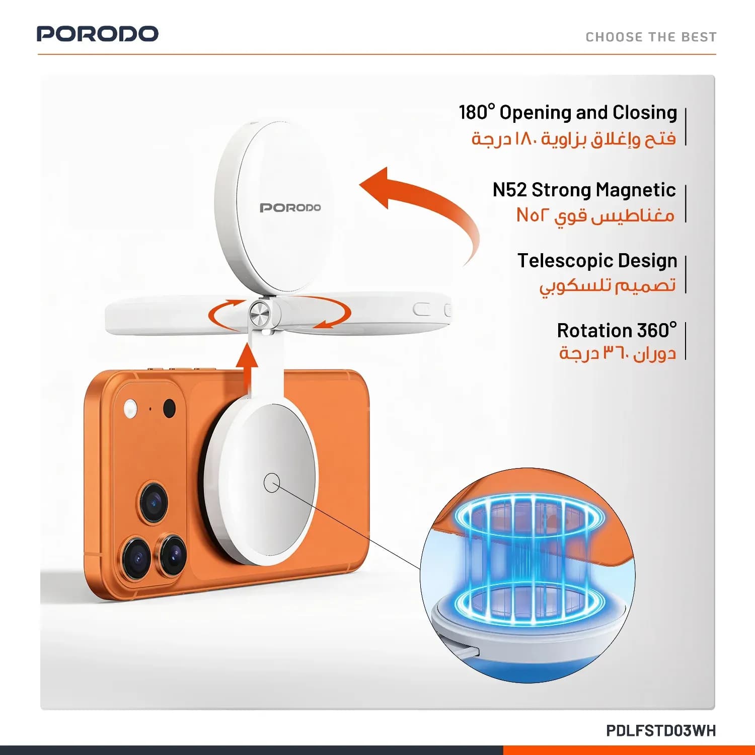 PORODO Magnetic Fill Light Mirror - USB-C, White 3