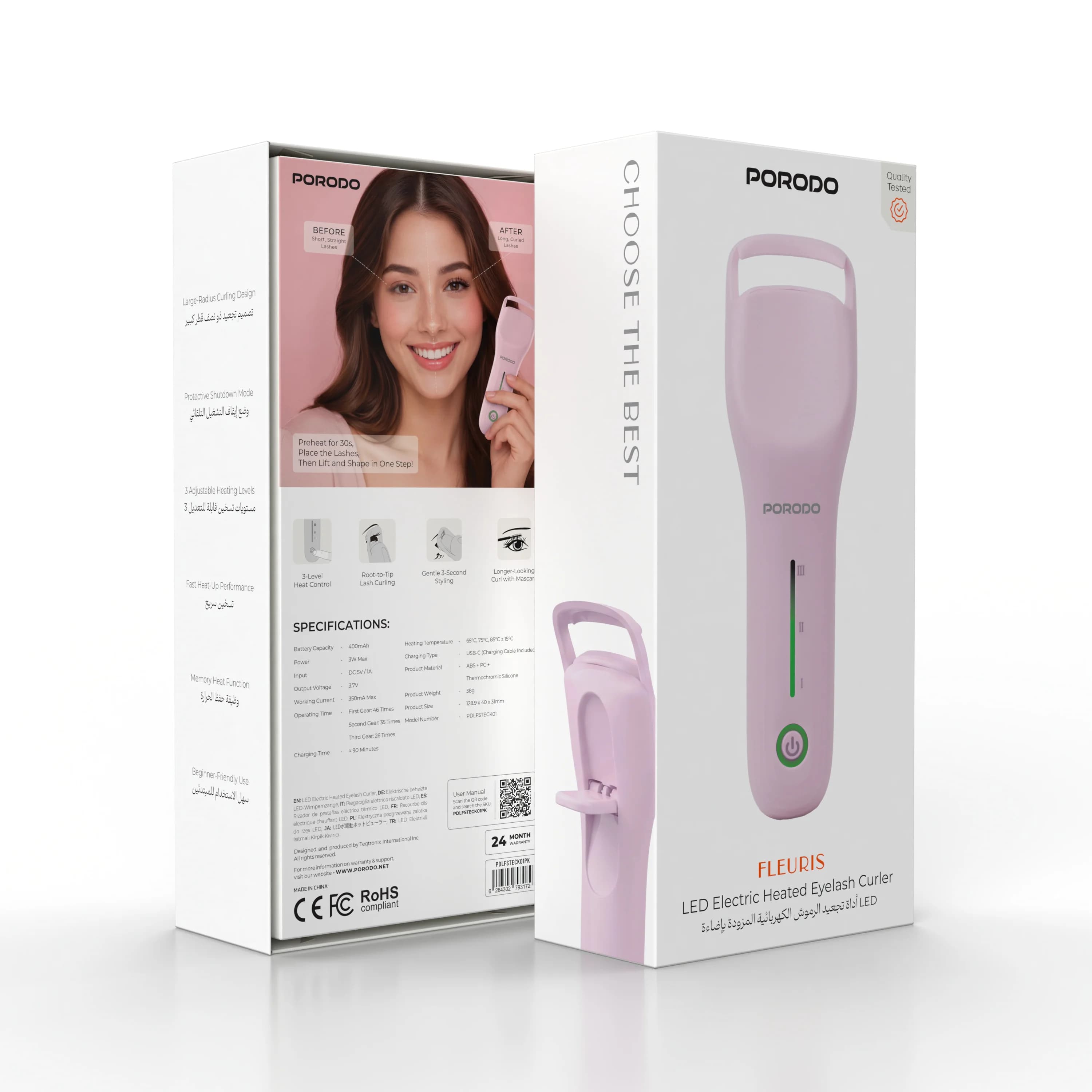 Porodo Heated Eyelash Curler Fleuris PDLFSTECK01PK - Rechargeable, Pink 4