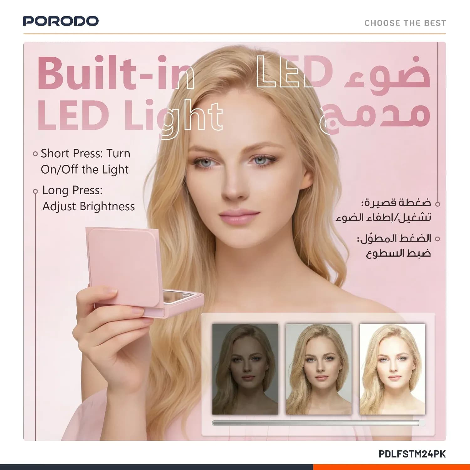 Porodo Makeup Mirror Lily - LED Tri-Fold, Pink 3