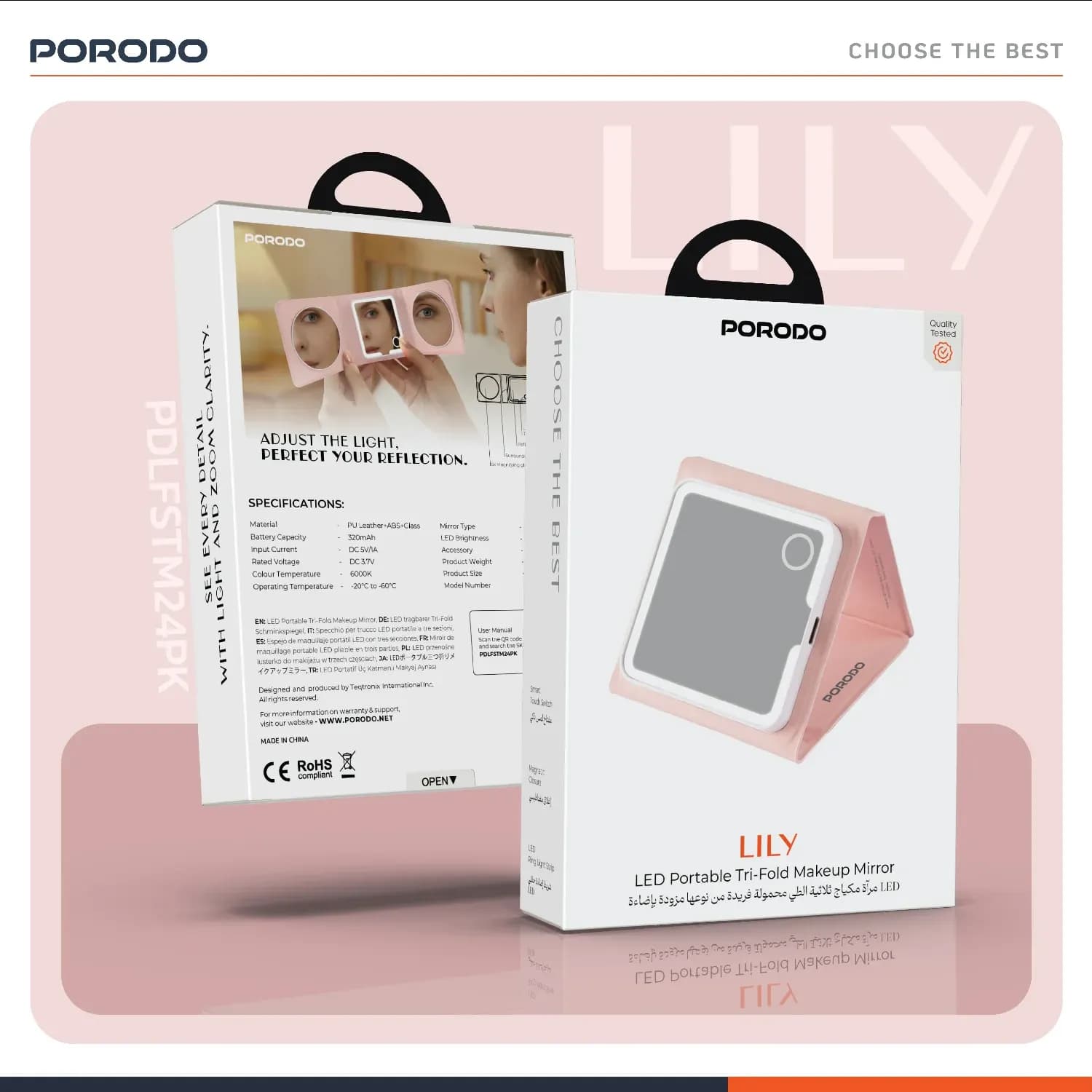 Porodo Makeup Mirror Lily - LED Tri-Fold, Pink 5