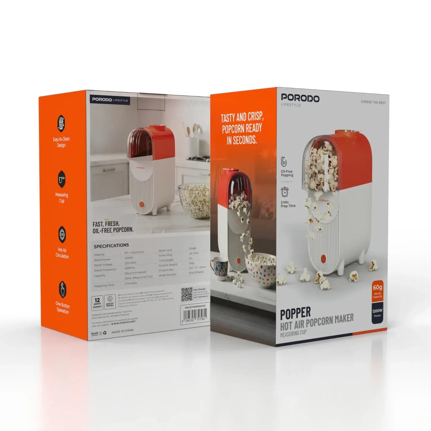 Porodo Popcorn Maker - Hot Air, White & Orange 4