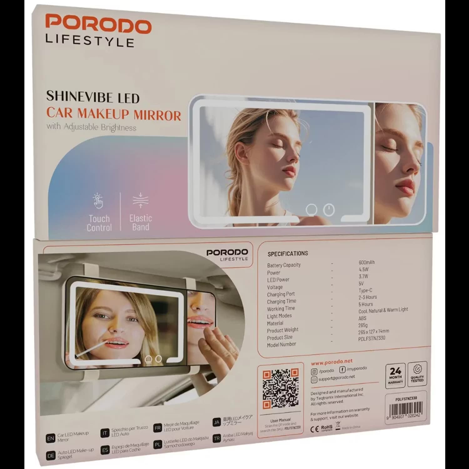 Porodo Car Makeup Mirror Shinevibe - LED Light Modes, Clear 3